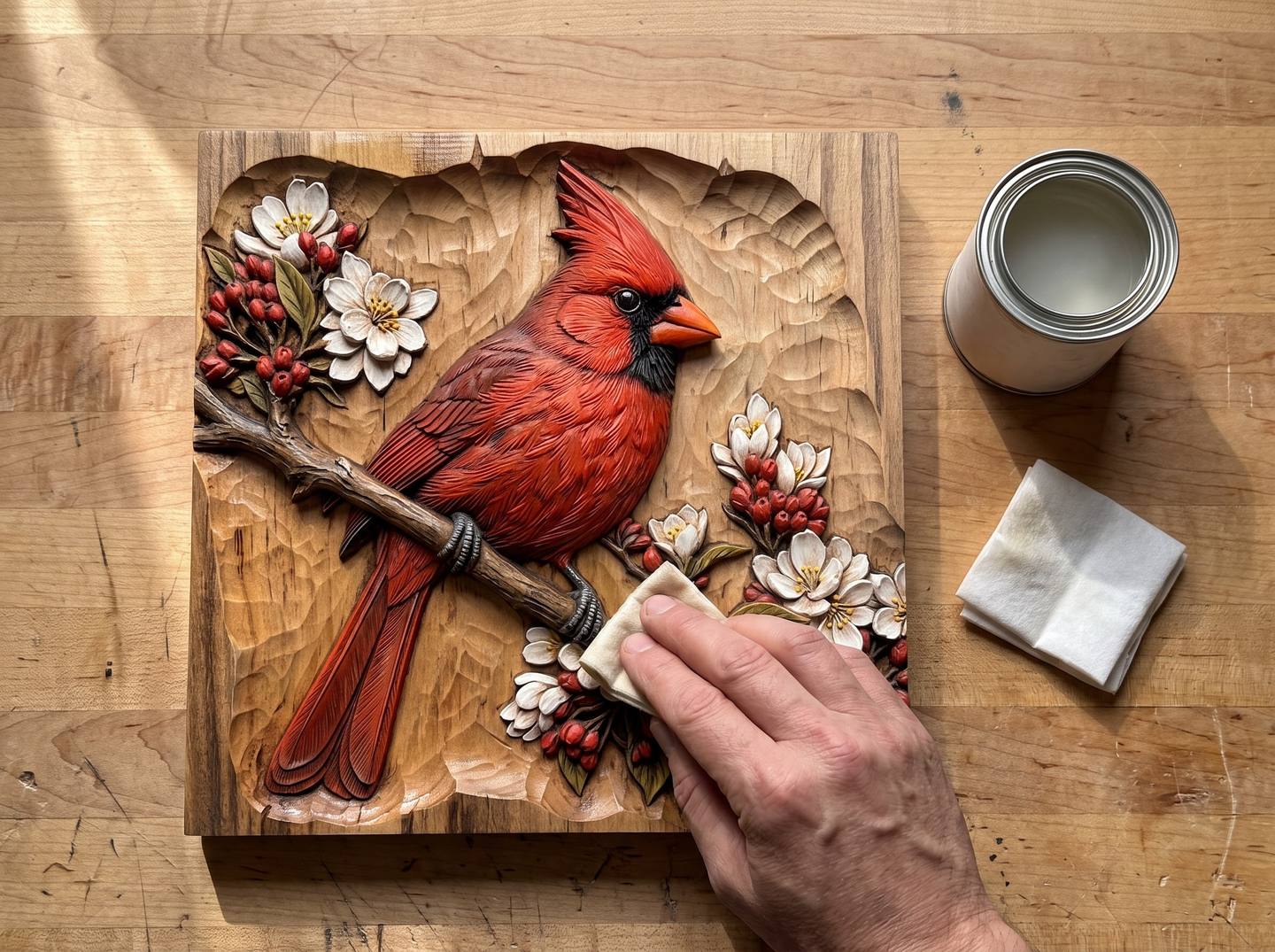 Wiping a thin matte clear topcoat over the finished coloured carving with a folded pad