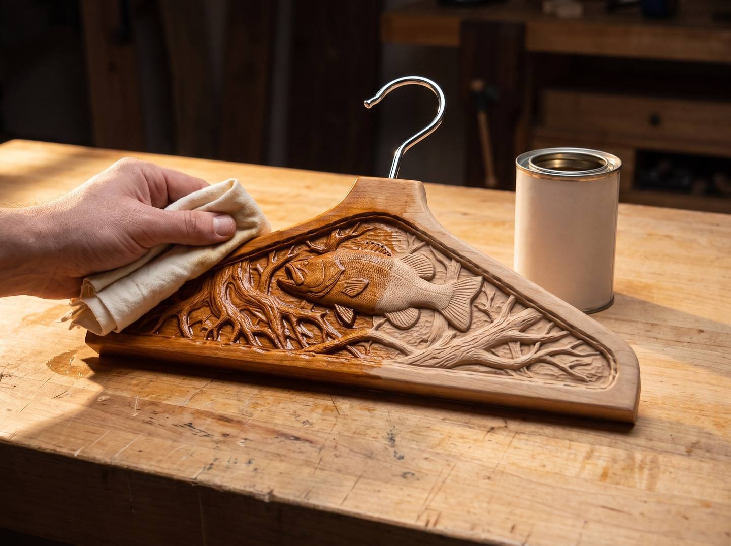 Wiping hardwax oil across the carved bass hanger, half the wood already richer than the other