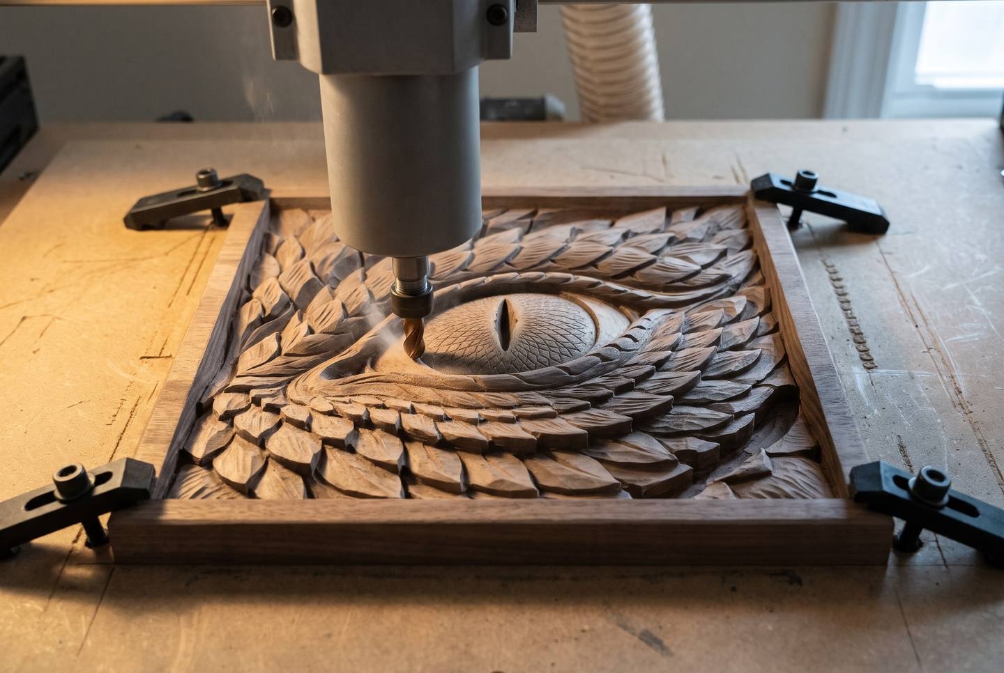 The Dragon Eye relief being finished on a hobby CNC router in a walnut board held by four step clamps, the ball nose cutter part way across the scales