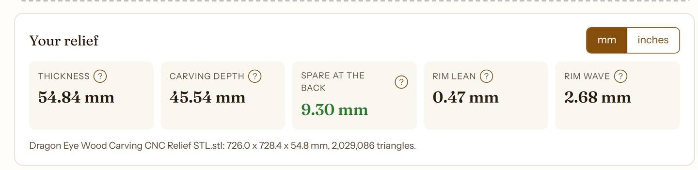 The tool's reading of the Dragon Eye file: 54.84 mm thick, carving 45.54 mm deep, 9.30 mm spare at the back, rim lean 0.47 mm, rim wave 2.68 mm