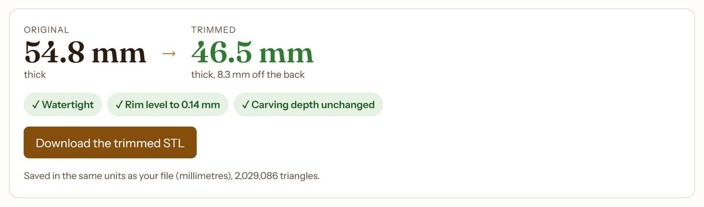 Result: 54.8 mm to 46.5 mm thick, 8.3 mm off the back, watertight, rim level to 0.14 mm, carving depth unchanged, with the download button