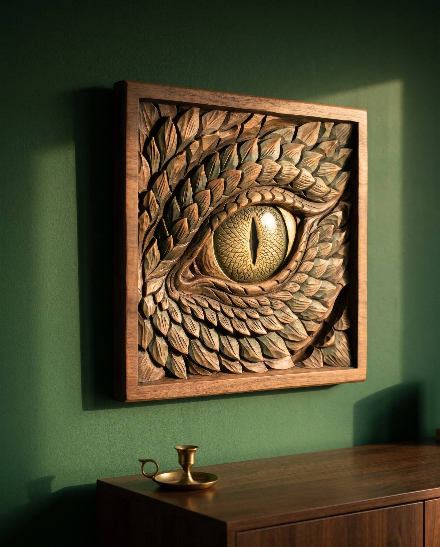 The finished Dragon Eye relief hanging on a dark green wall, seen from the side so its slim profile sits close to the wall