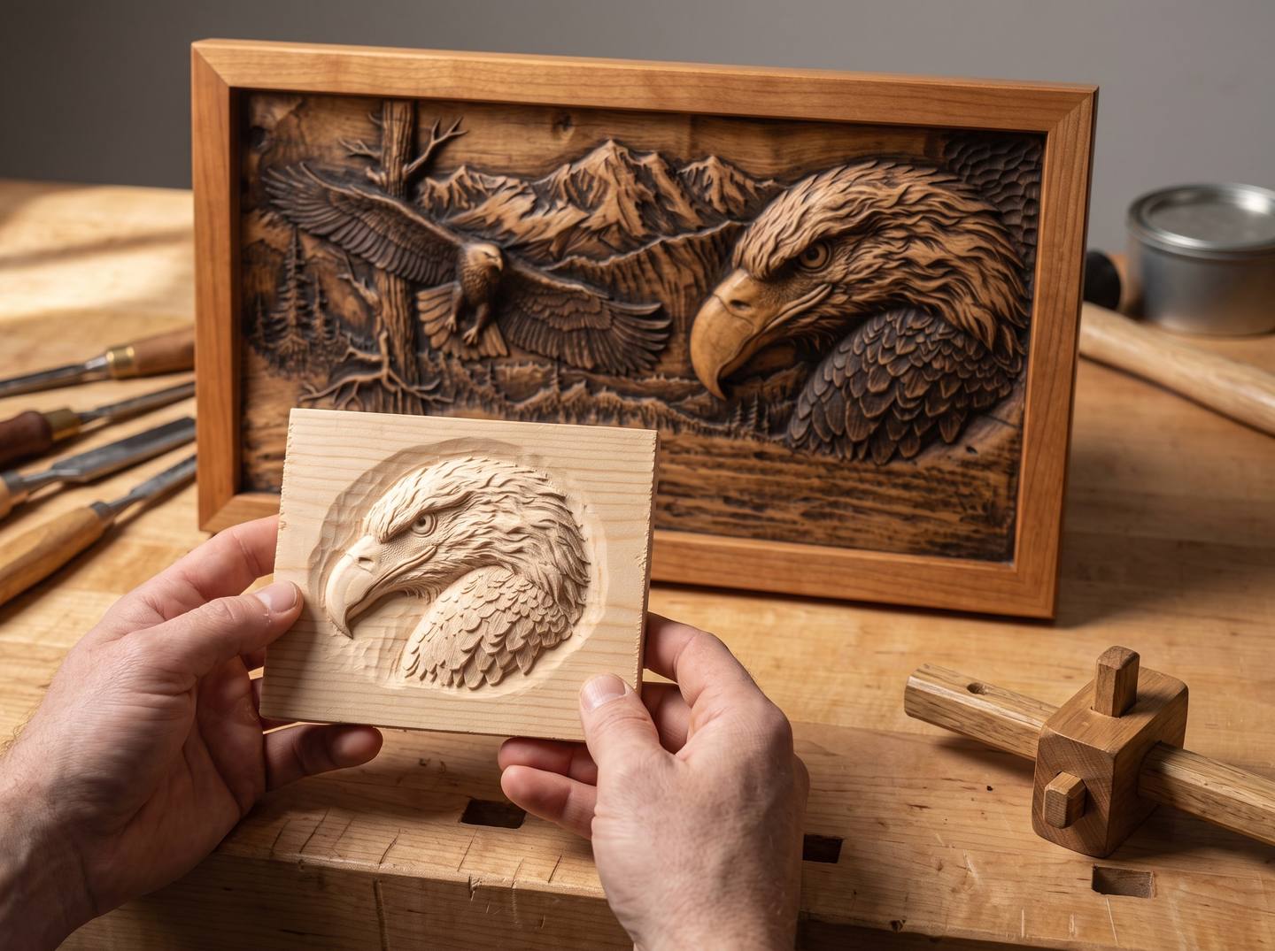 A small test carving of the eagle's head on a cheap pine offcut, held beside the finished panel