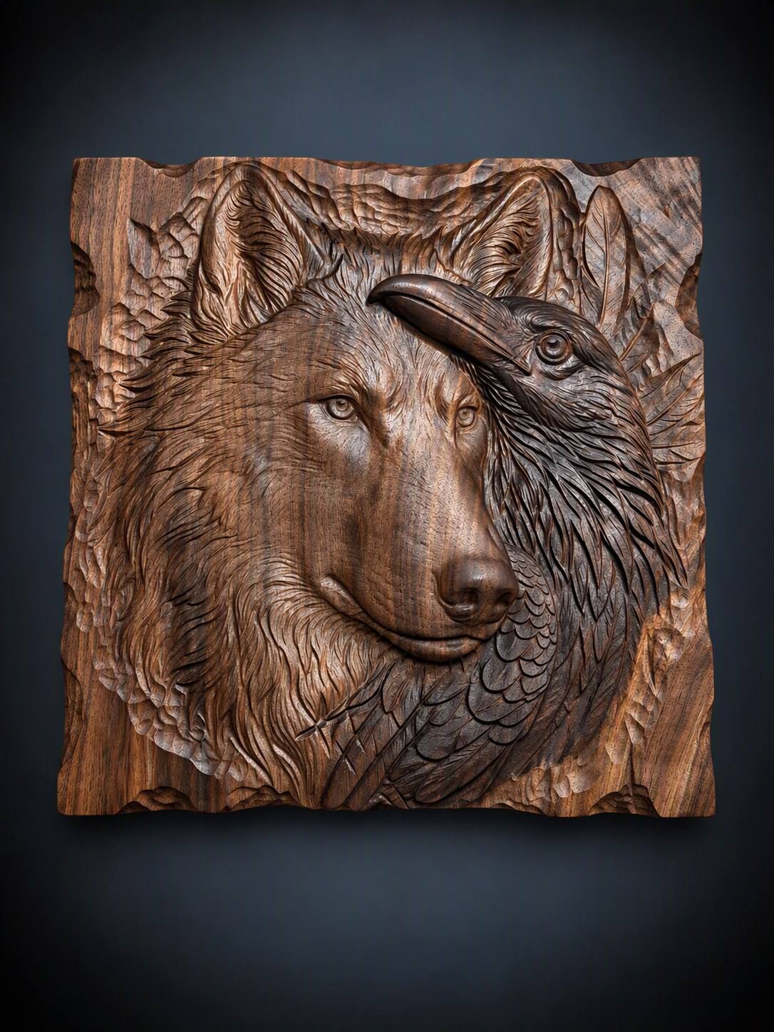 The finished walnut wolf and raven relief carving by Jeff Miller on a dark background