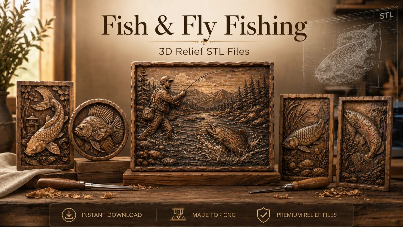 Fish & Fly Fishing relief carvings, a selection of designs from this collection
