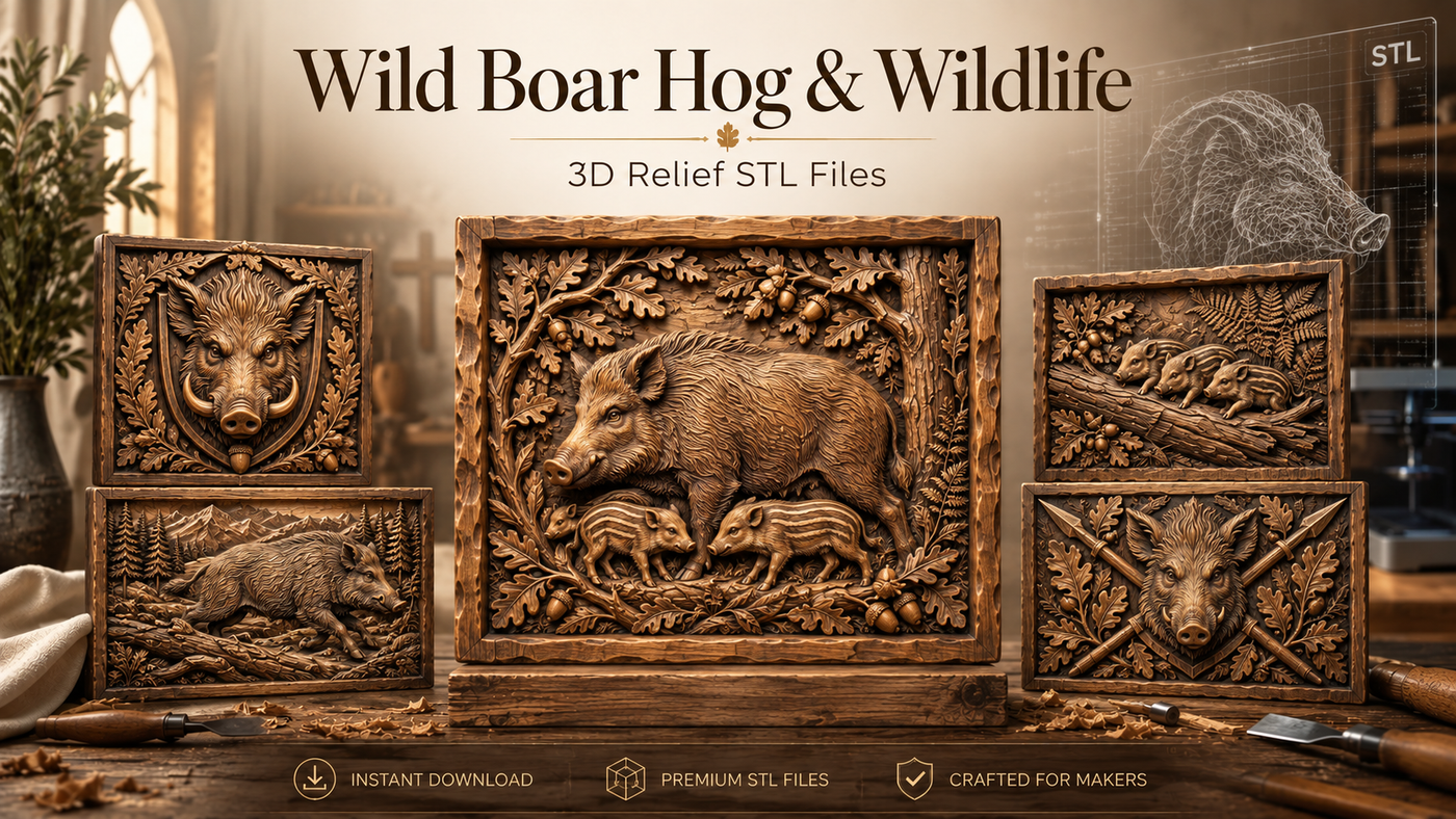 Wild Boar Hog & Wildlife relief carvings, a selection of designs from this collection