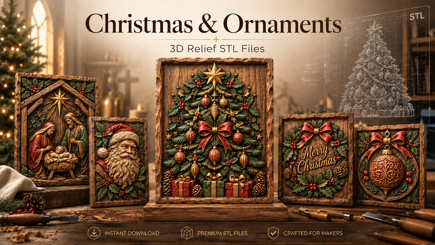 Christmas & Ornaments relief carvings, a selection of designs from this collection