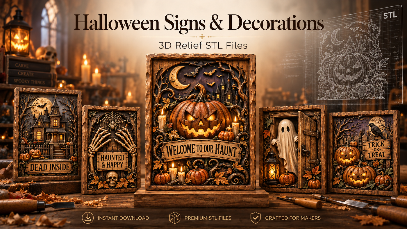 Halloween Signs & Decorations relief carvings, a selection of designs from this collection