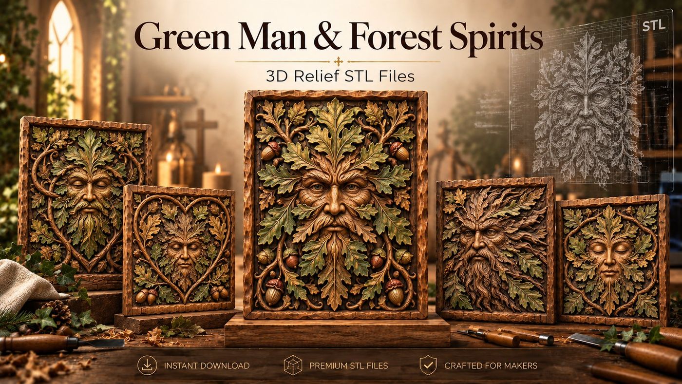 Green Man & Forest Spirits relief carvings, a selection of designs from this collection