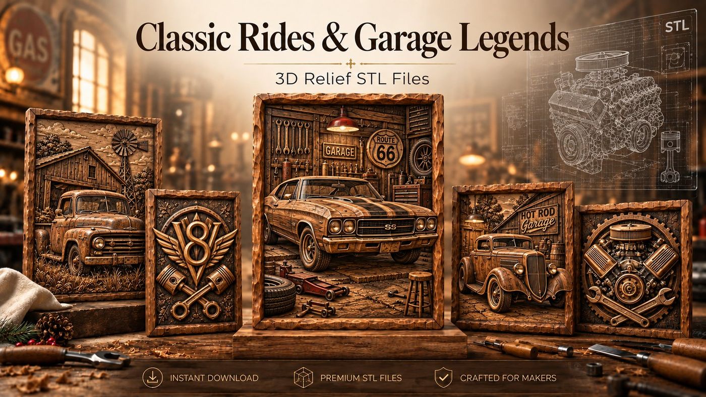 Classic Rides & Garage Legends relief carvings, a selection of designs from this collection