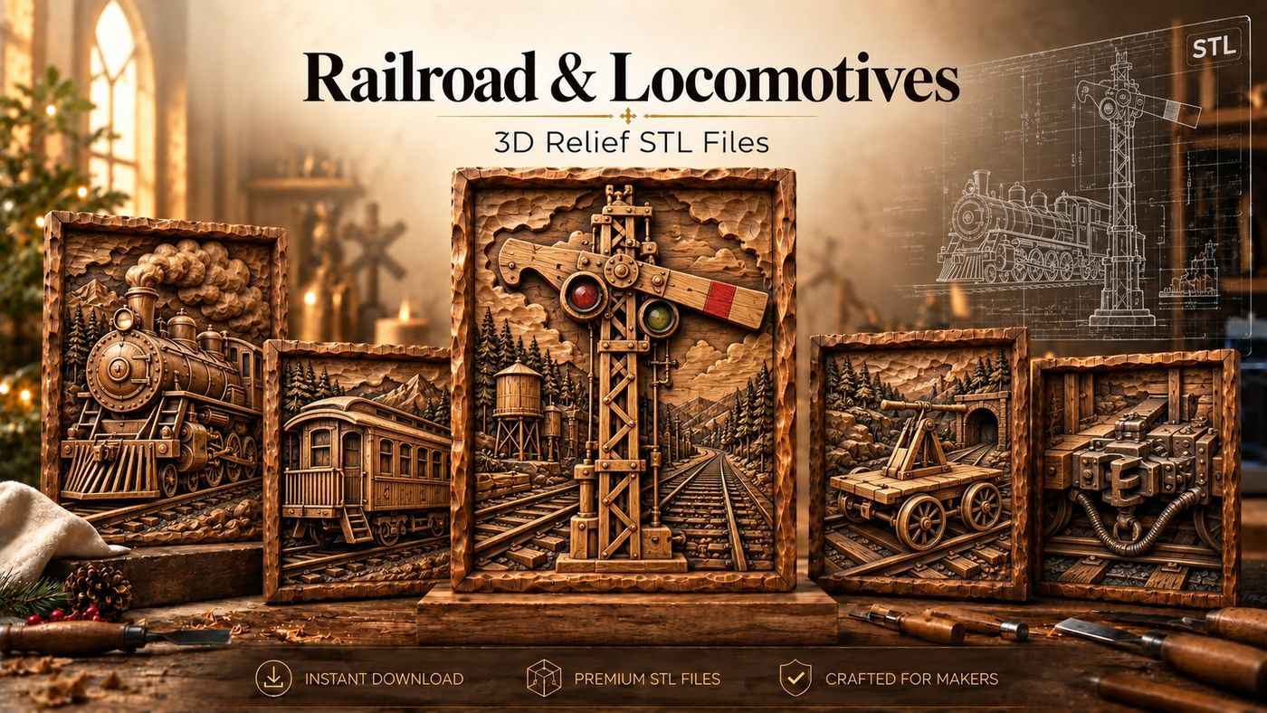 Railroad & Locomotives relief carvings, a selection of designs from this collection