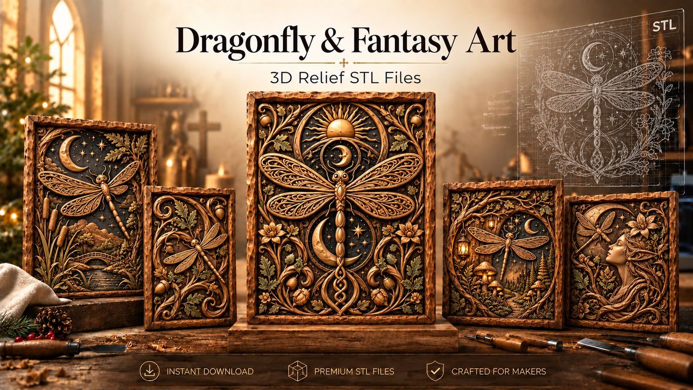Dragonfly & Fantasy Art relief carvings, a selection of designs from this collection