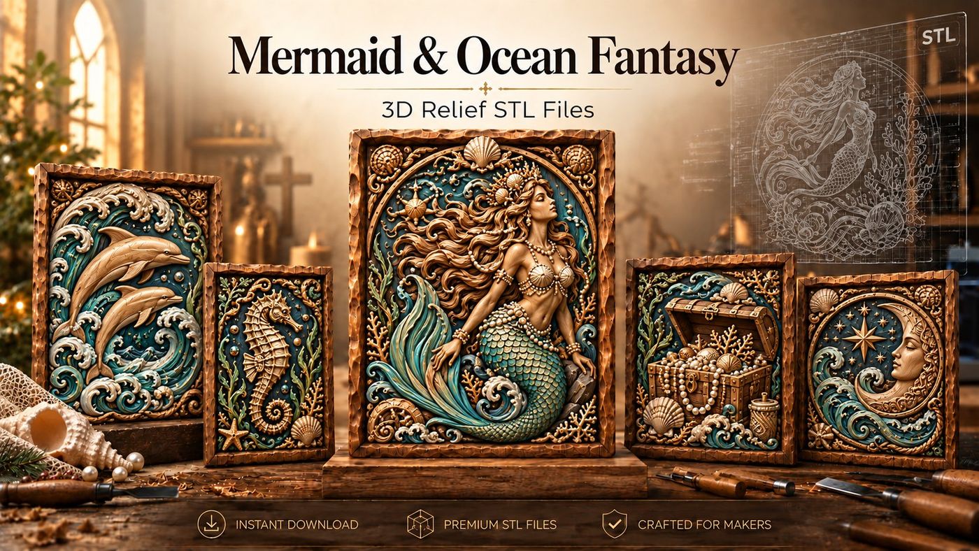 Mermaid & Ocean Fantasy relief carvings, a selection of designs from this collection