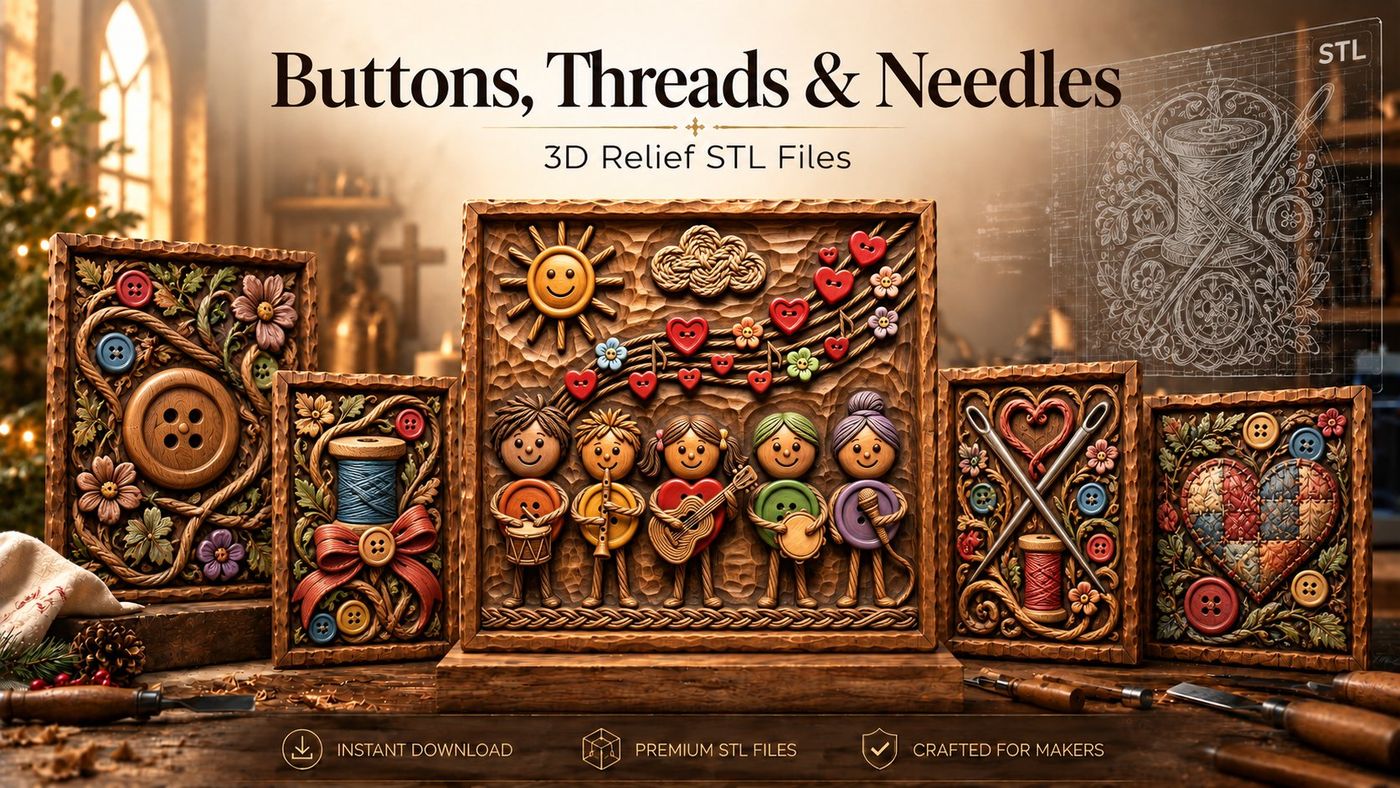 Buttons, Threads & Needles relief carvings, a selection of designs from this collection