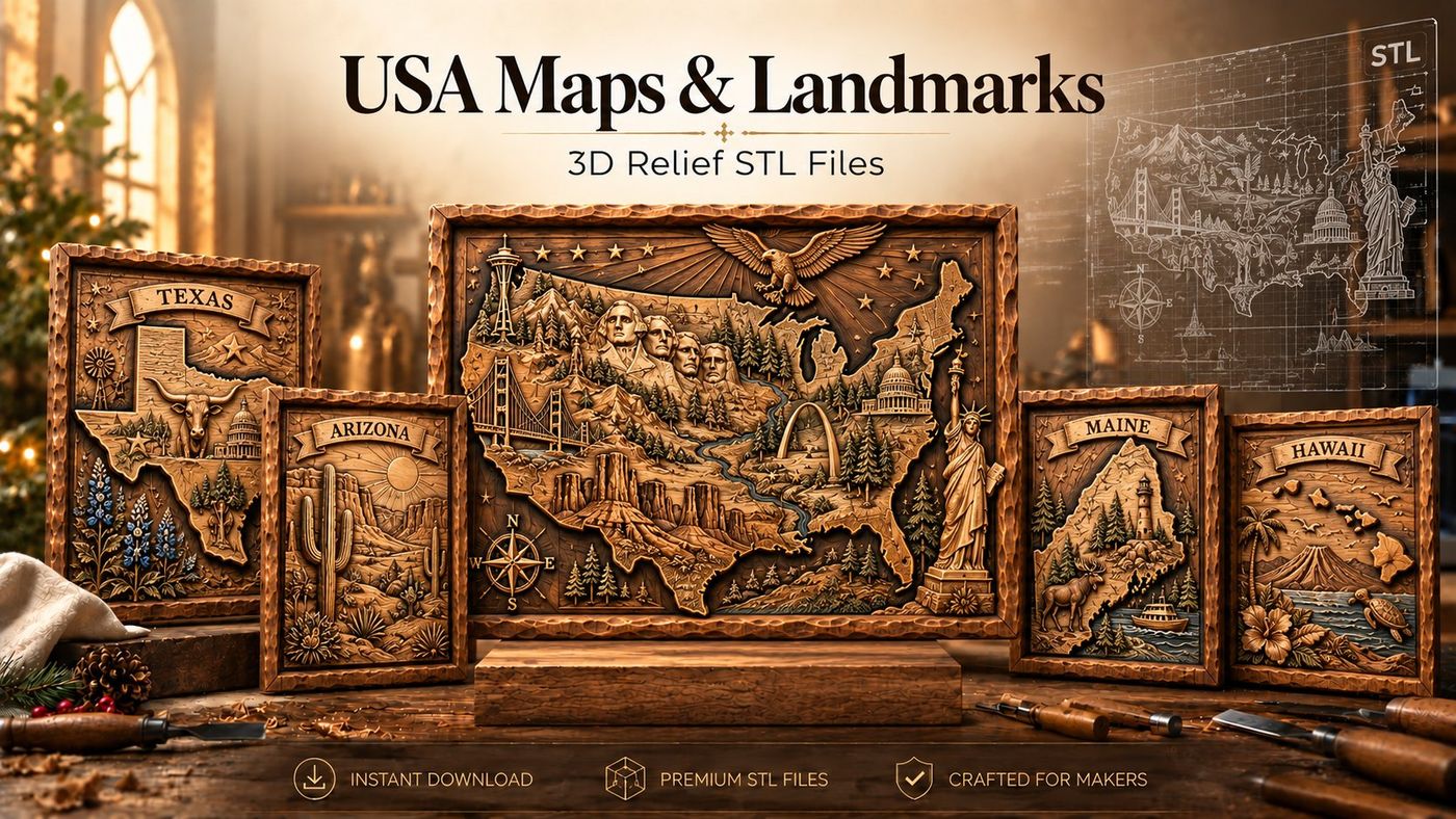 USA Maps & Landmarks relief carvings, a selection of designs from this collection