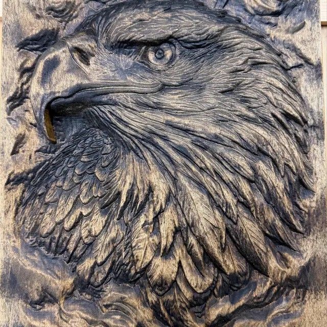 Bald Eagle Head Bas-Relief STL with Wood Grain Detail carved by Keith