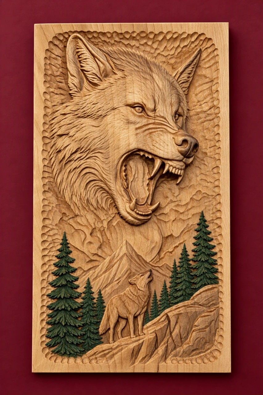 Snarling Wolf and Howling Pup Under the Full Moon Relief carved by Jeff Miller