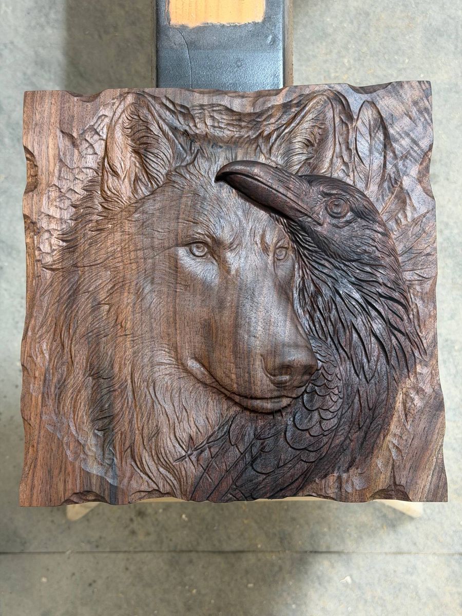 Wolf and Raven Bas-Relief STL for CNC Carving and 3D Printing carved by Jeff Miller