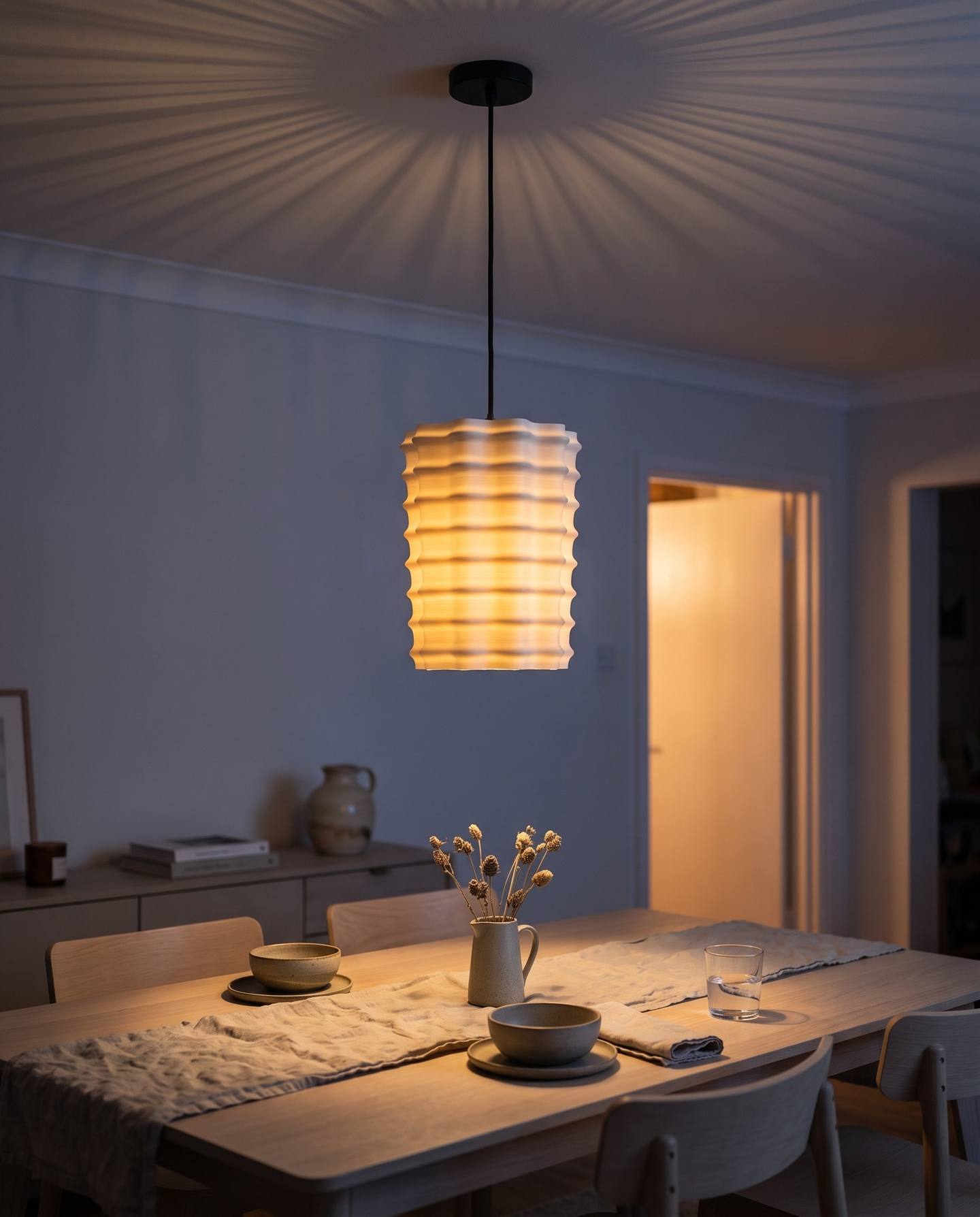 Bamboo lampshade, 3D printed in one piece and hanging as a pendant