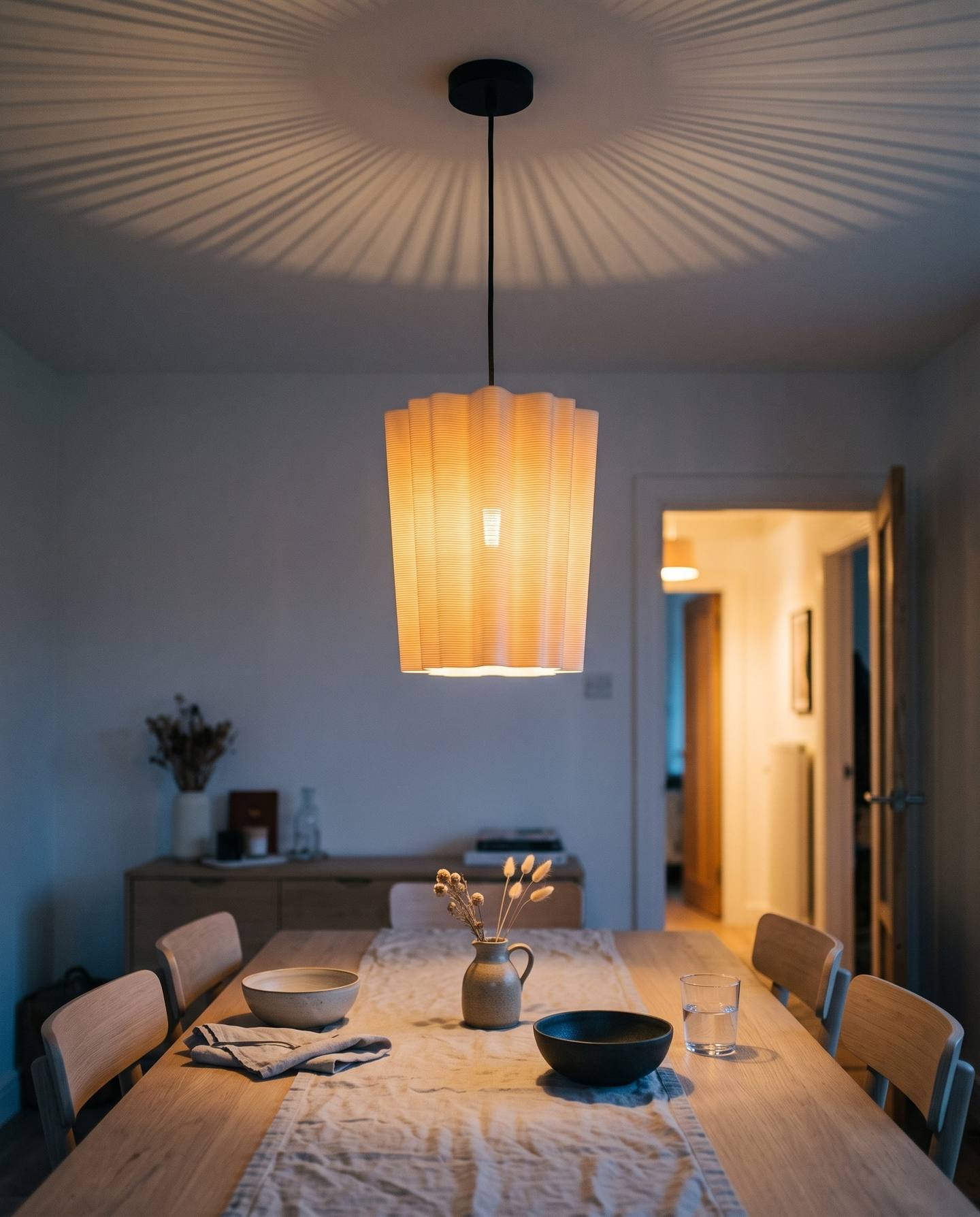 Barley Twist lampshade, 3D printed in one piece and hanging as a pendant