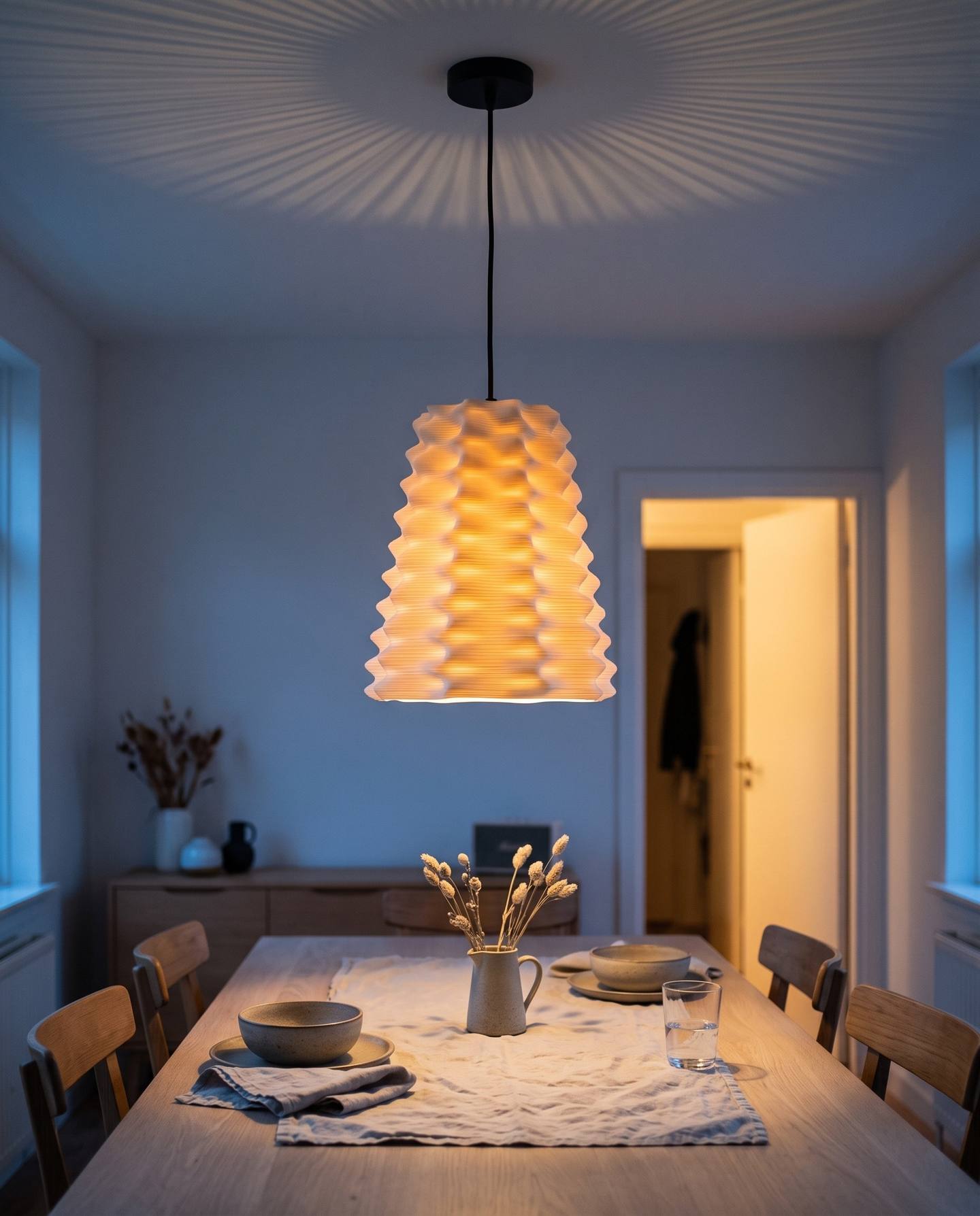 Basket Weave lampshade, 3D printed in one piece and hanging as a pendant