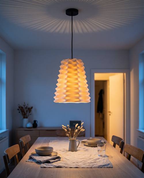 Basket Weave lampshade 3D printed in one piece in vase mode, hanging as a pendant and glowing warm