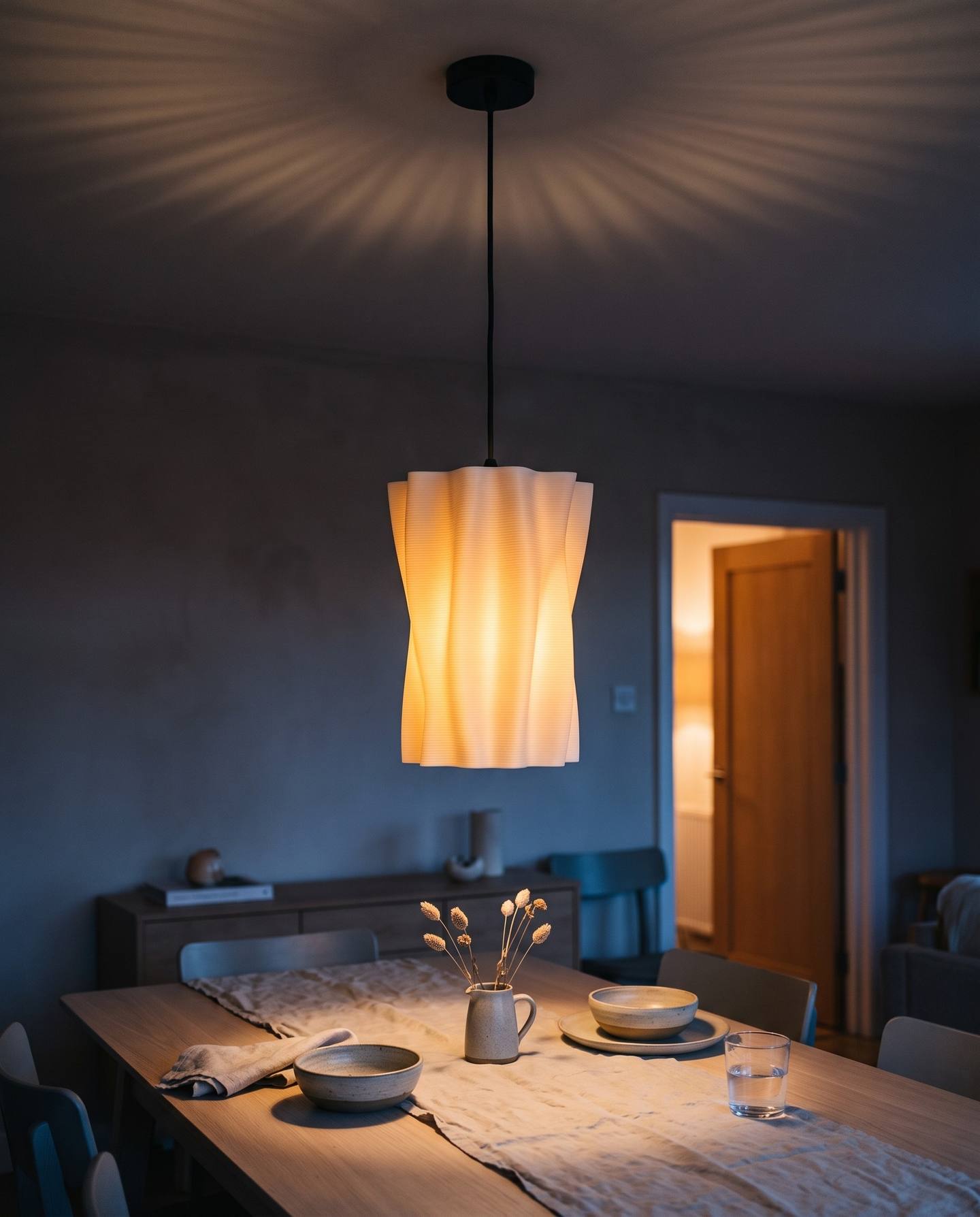 Cable Column lampshade, 3D printed in one piece and hanging as a pendant