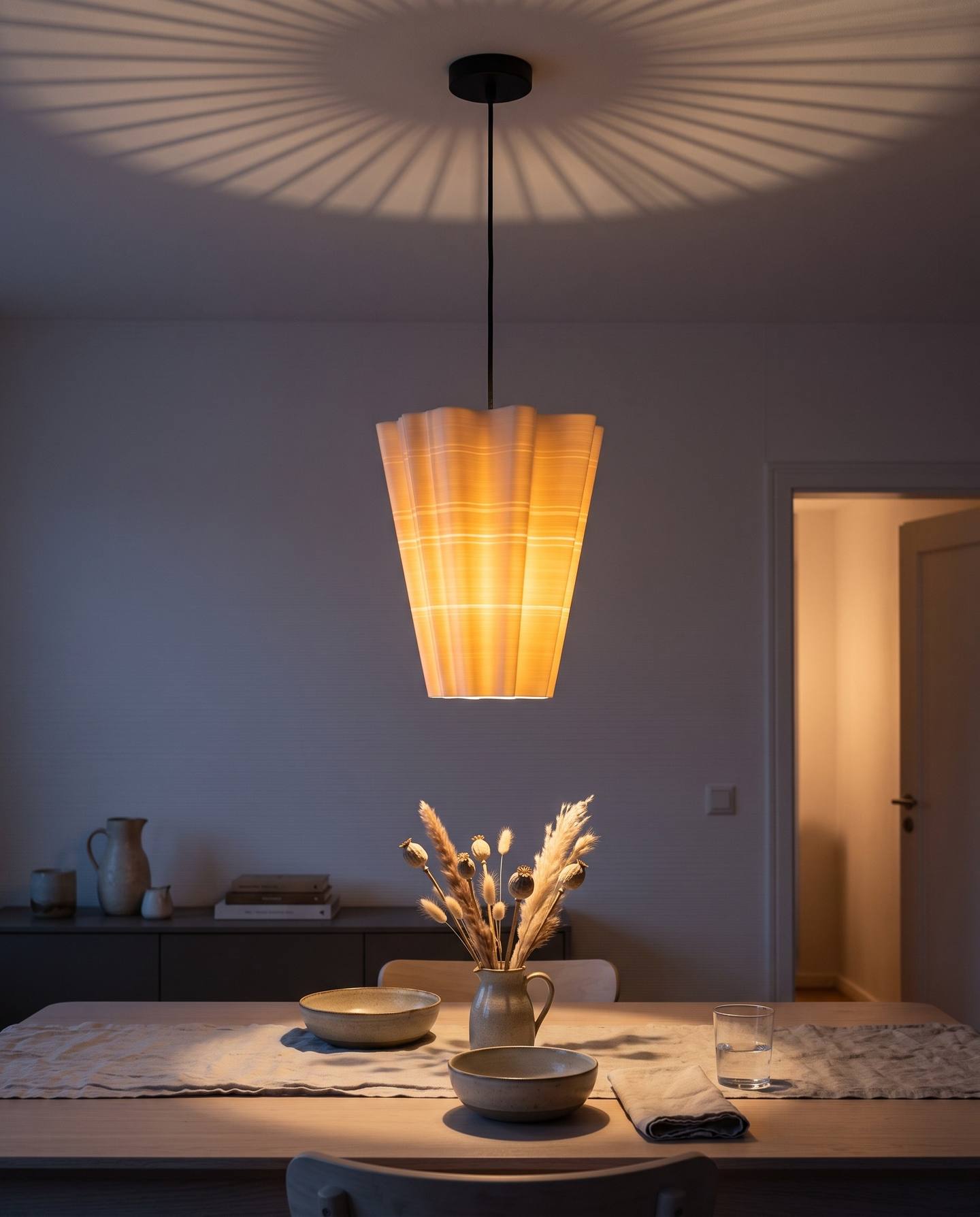 Fan Pleats lampshade, 3D printed in one piece and hanging as a pendant