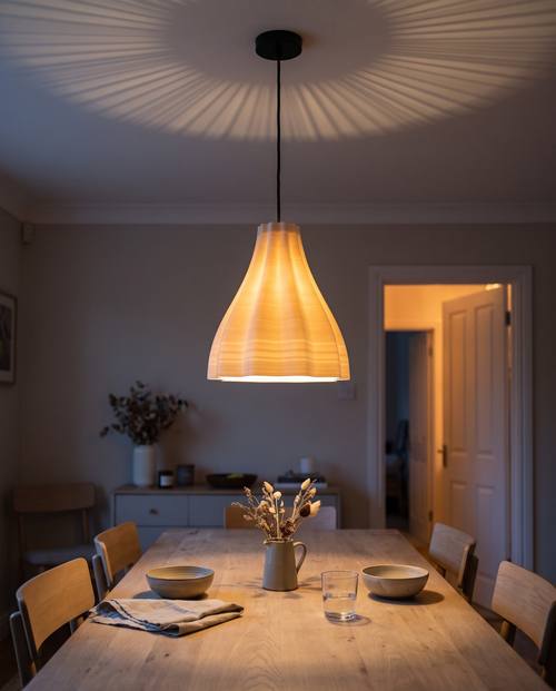 Ogee Bell lampshade 3D printed in one piece in vase mode, hanging as a pendant and glowing warm