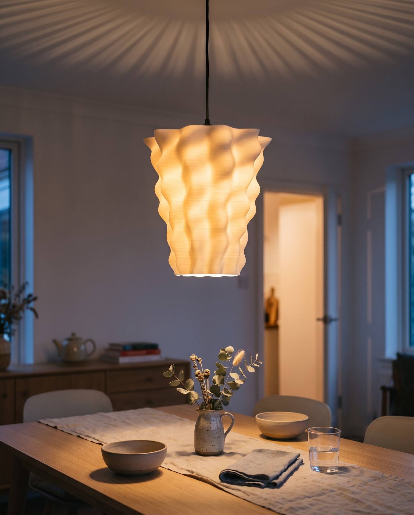 Pinecone lampshade, 3D printed in one piece and hanging as a pendant