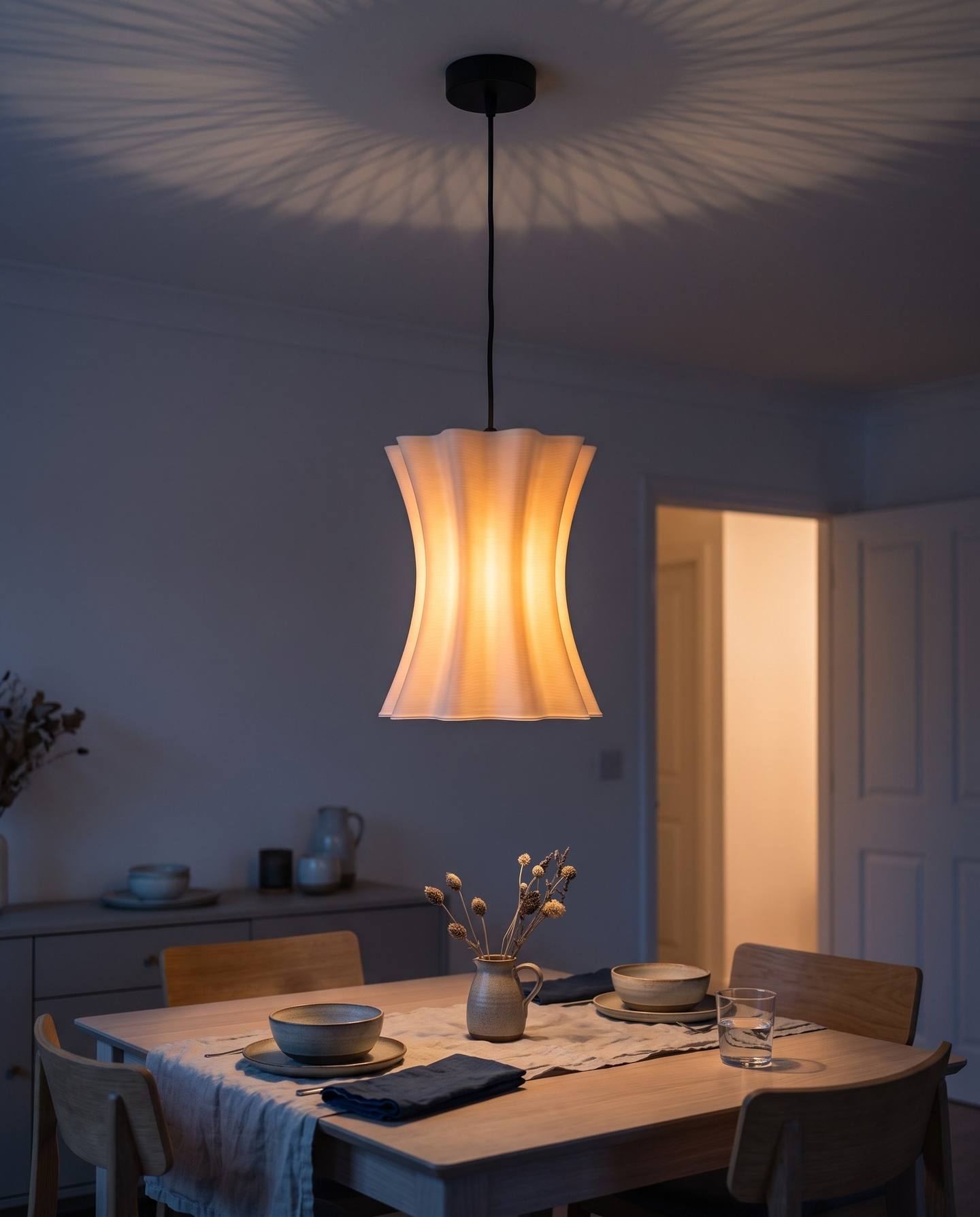 Tulip Flare lampshade, 3D printed in one piece and hanging as a pendant