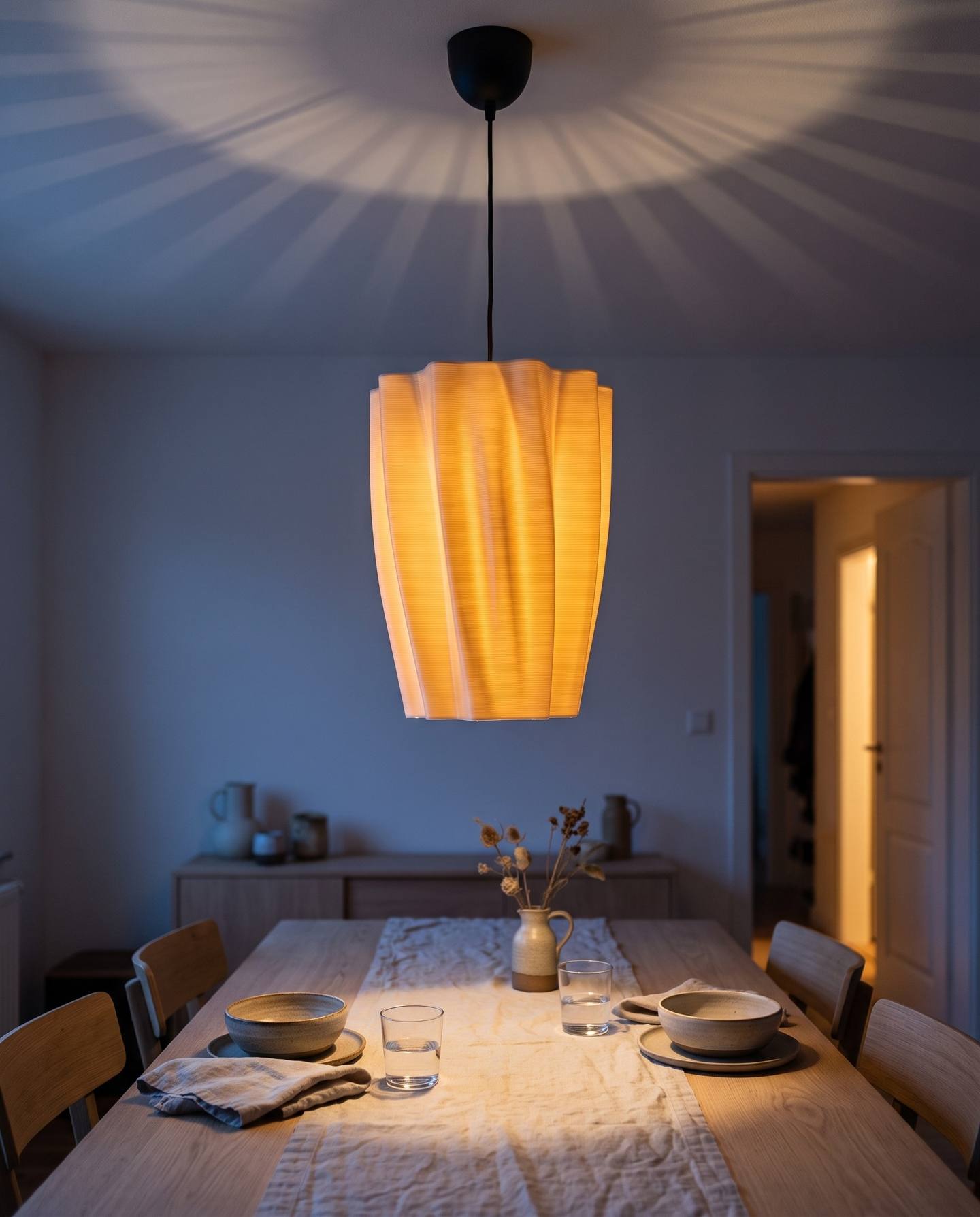 Twisted Star lampshade, 3D printed in one piece and hanging as a pendant