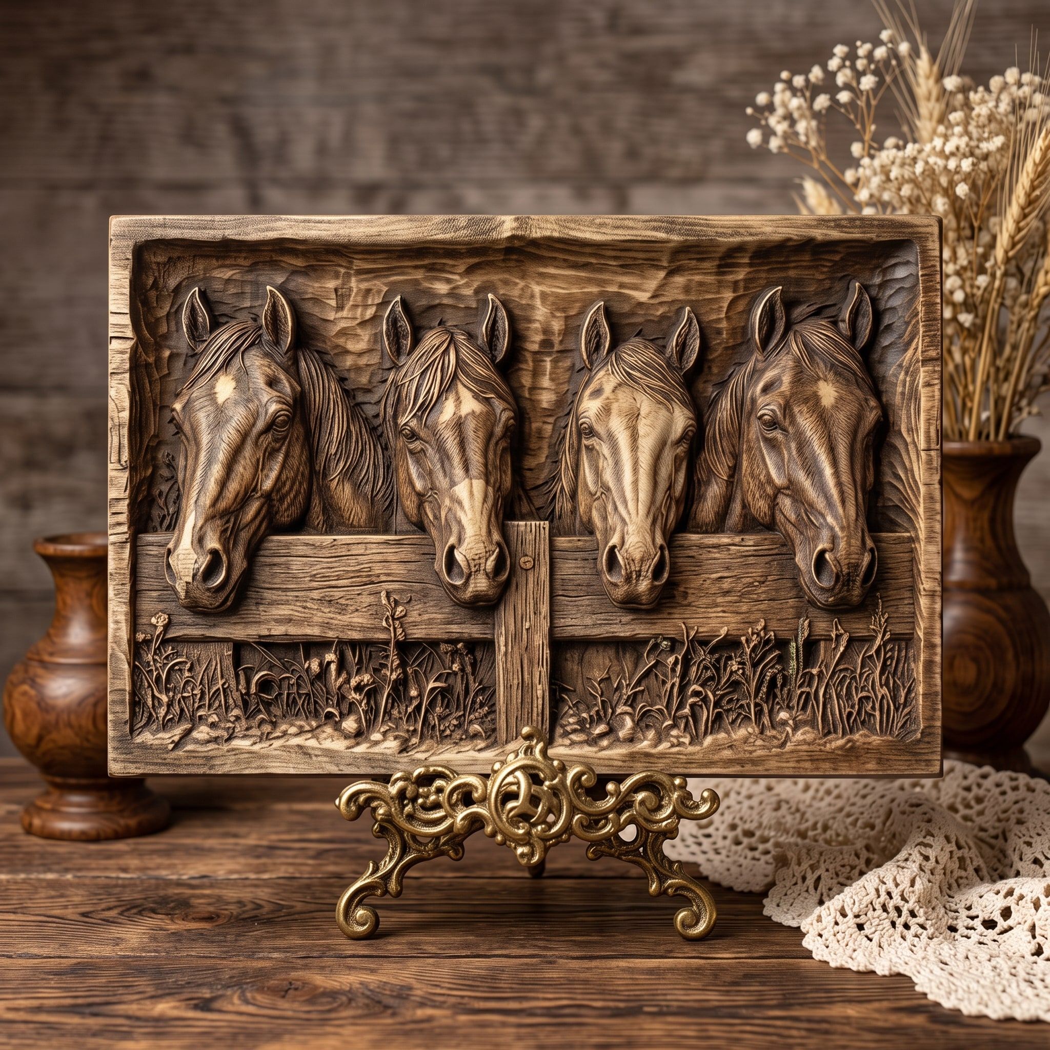Four Ranch Horses Over a Weathered Fence Relief STL bas-relief STL — view 3