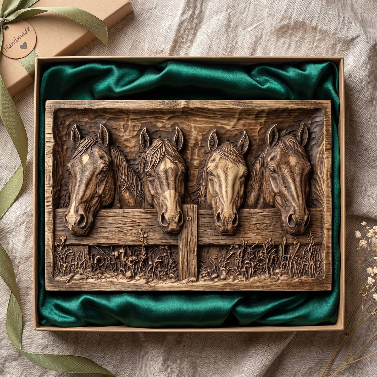 Four Ranch Horses Over a Weathered Fence Relief STL carved in wood
