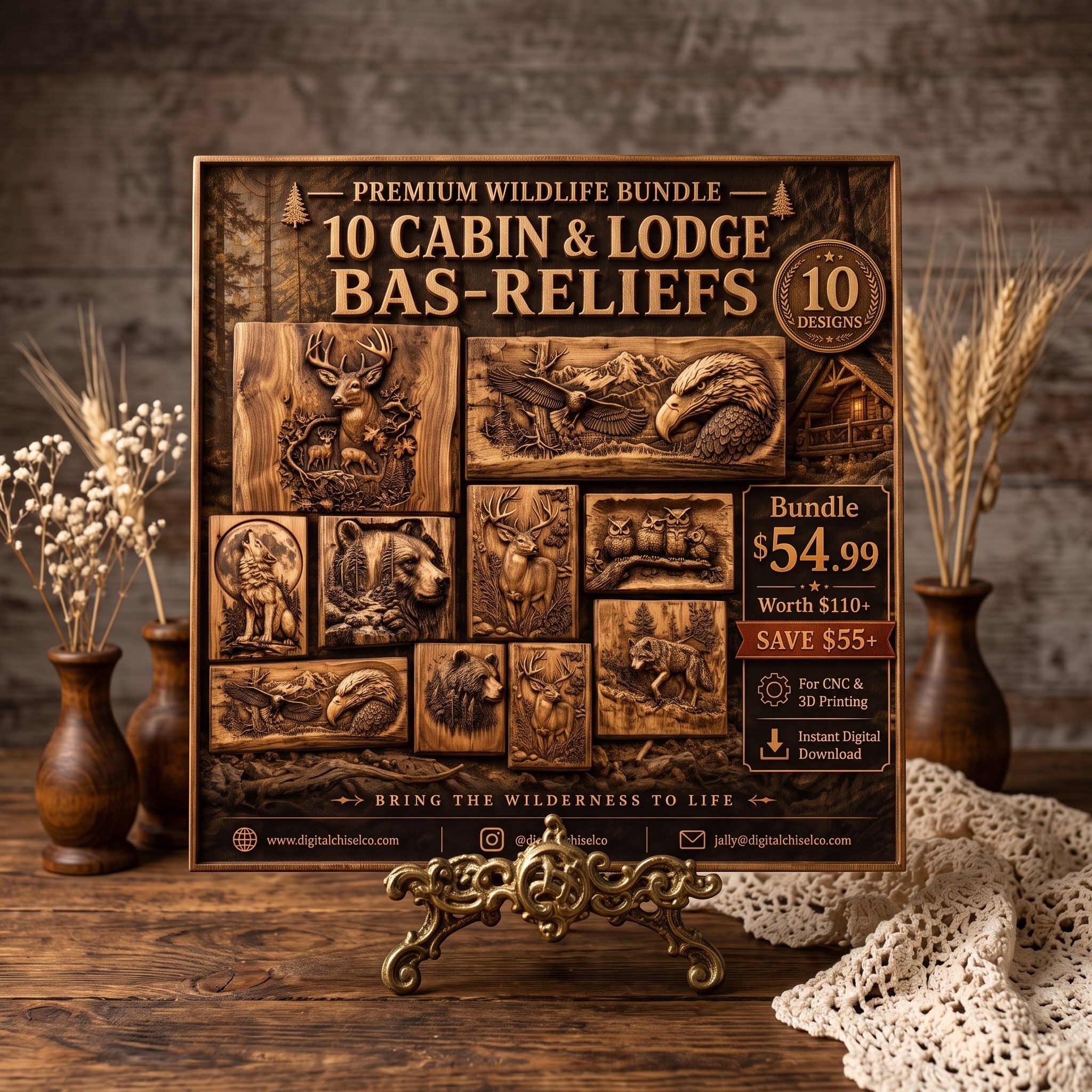 Cabin & Lodge Wildlife Bundle: 10 Bas-Relief STL Files bas-relief STL — view 3