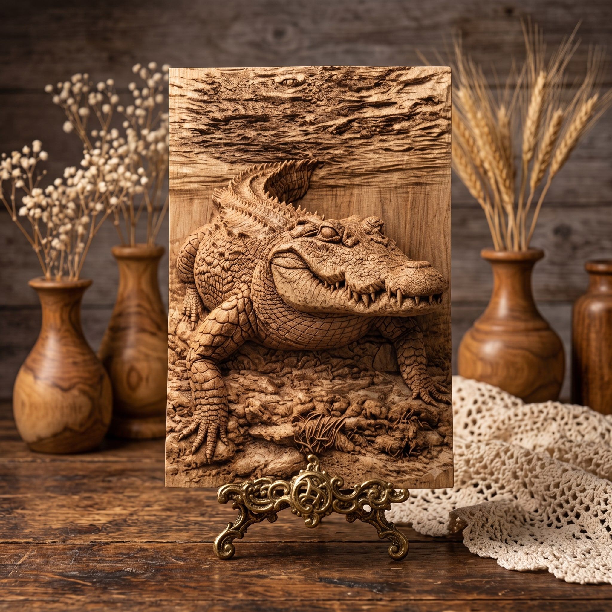 Basking Alligator Bas-Relief STL, Swamp Wildlife Carving Panel bas-relief STL — view 3