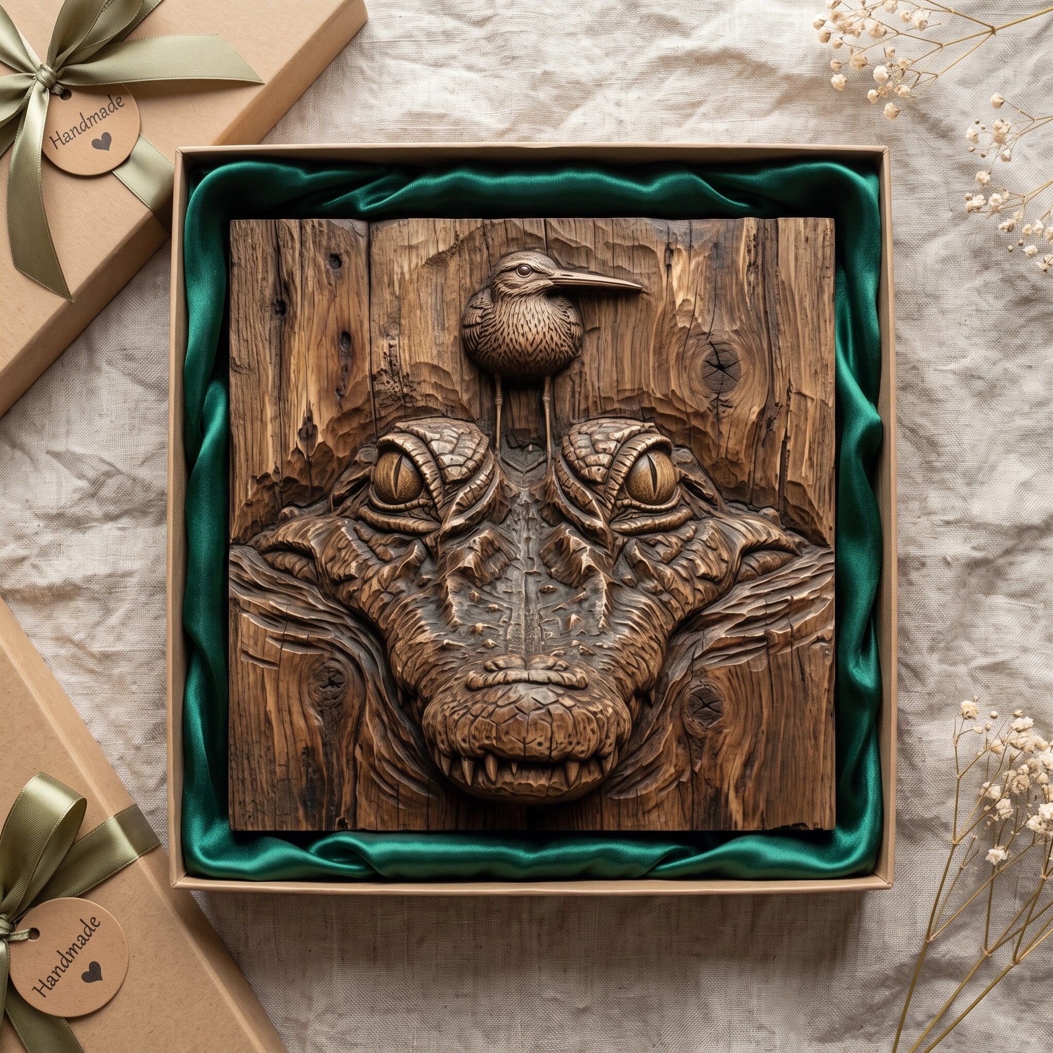 Crocodile Head and Perched Sandpiper Wood Relief STL Carving bas-relief STL — view 2