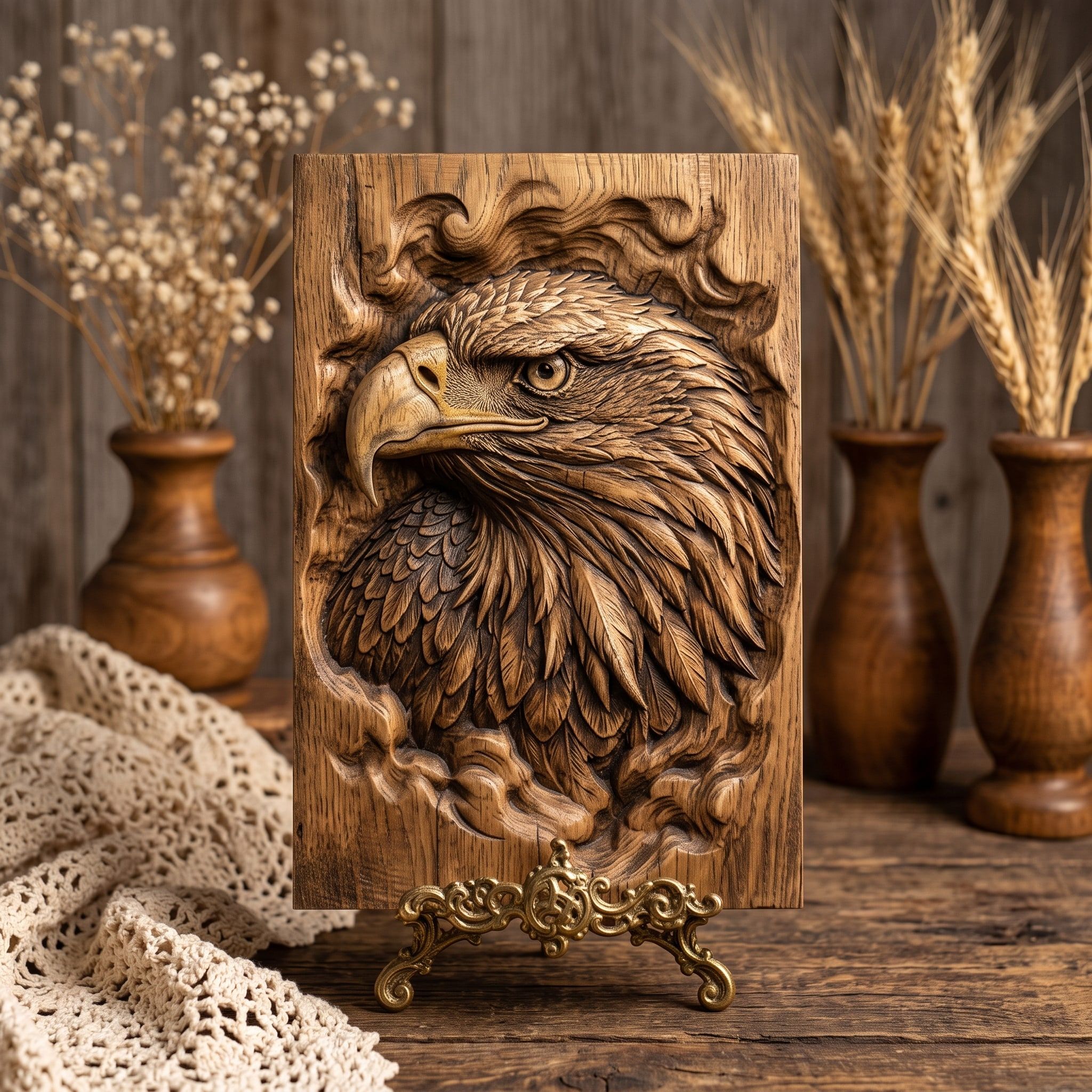Bald Eagle Head Bas-Relief STL with Wood Grain Detail bas-relief STL — view 3