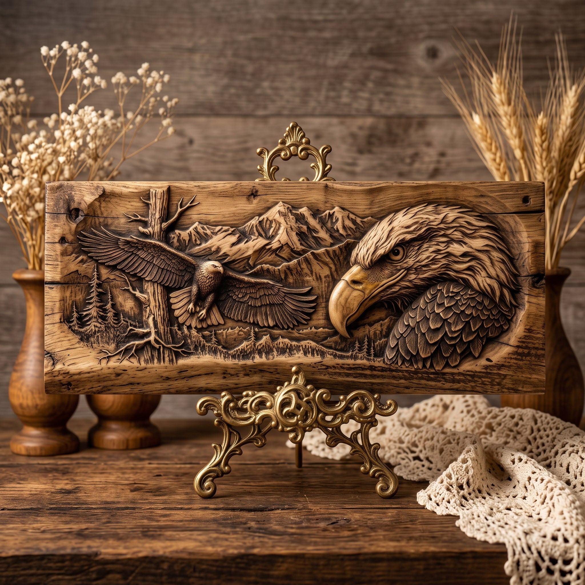 Bald Eagle Mountain Scene Bas-Relief STL with Soaring Eagle bas-relief STL — view 3