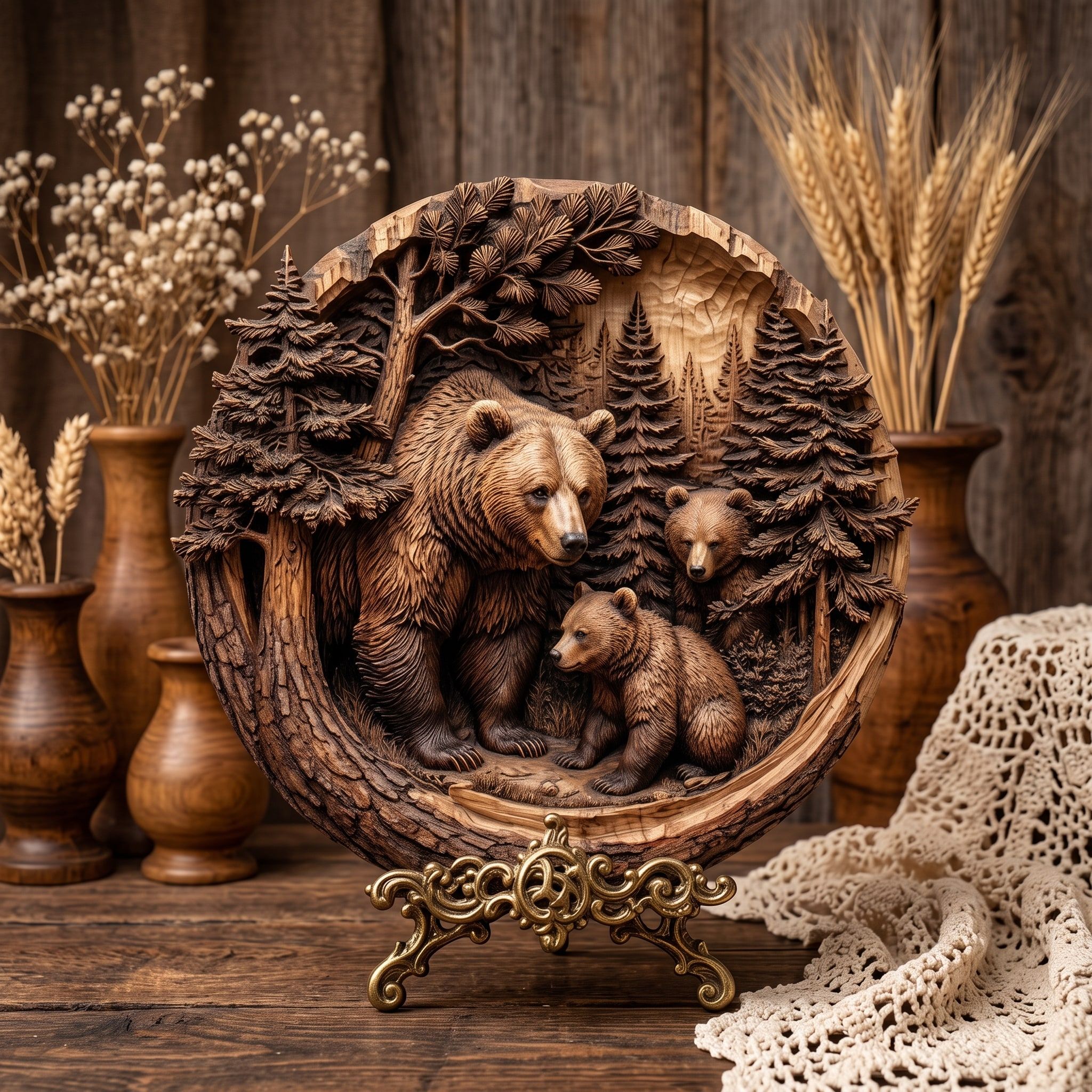 Mother Bear and Two Cubs Forest Round Relief STL bas-relief STL — view 3