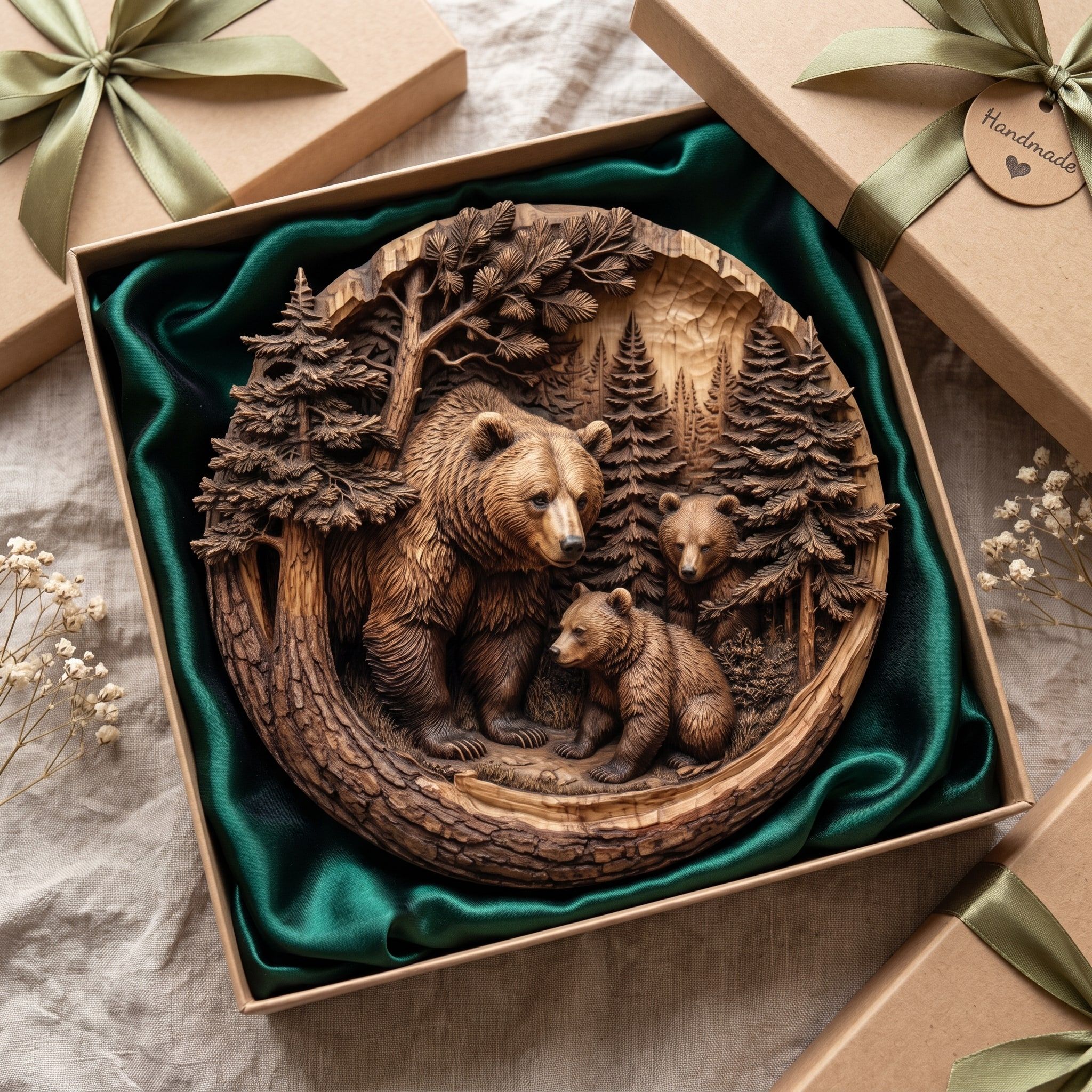 Mother Bear and Two Cubs Forest Round Relief STL bas-relief STL — view 2