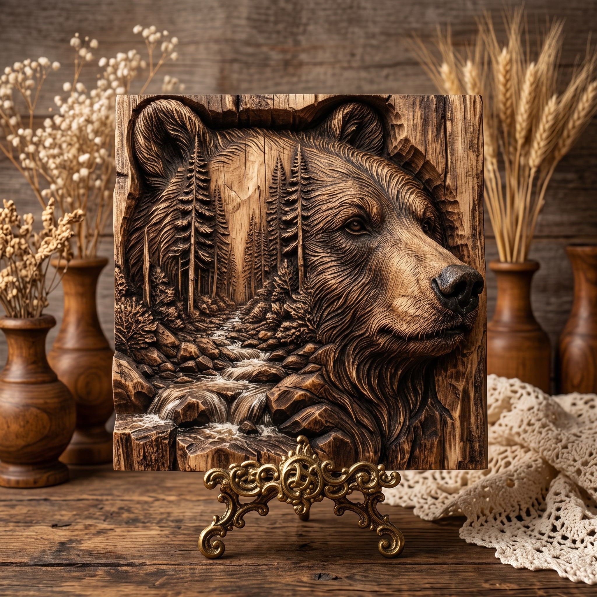 Grizzly Bear and Mountain Stream Bas-Relief STL Carving bas-relief STL — view 3