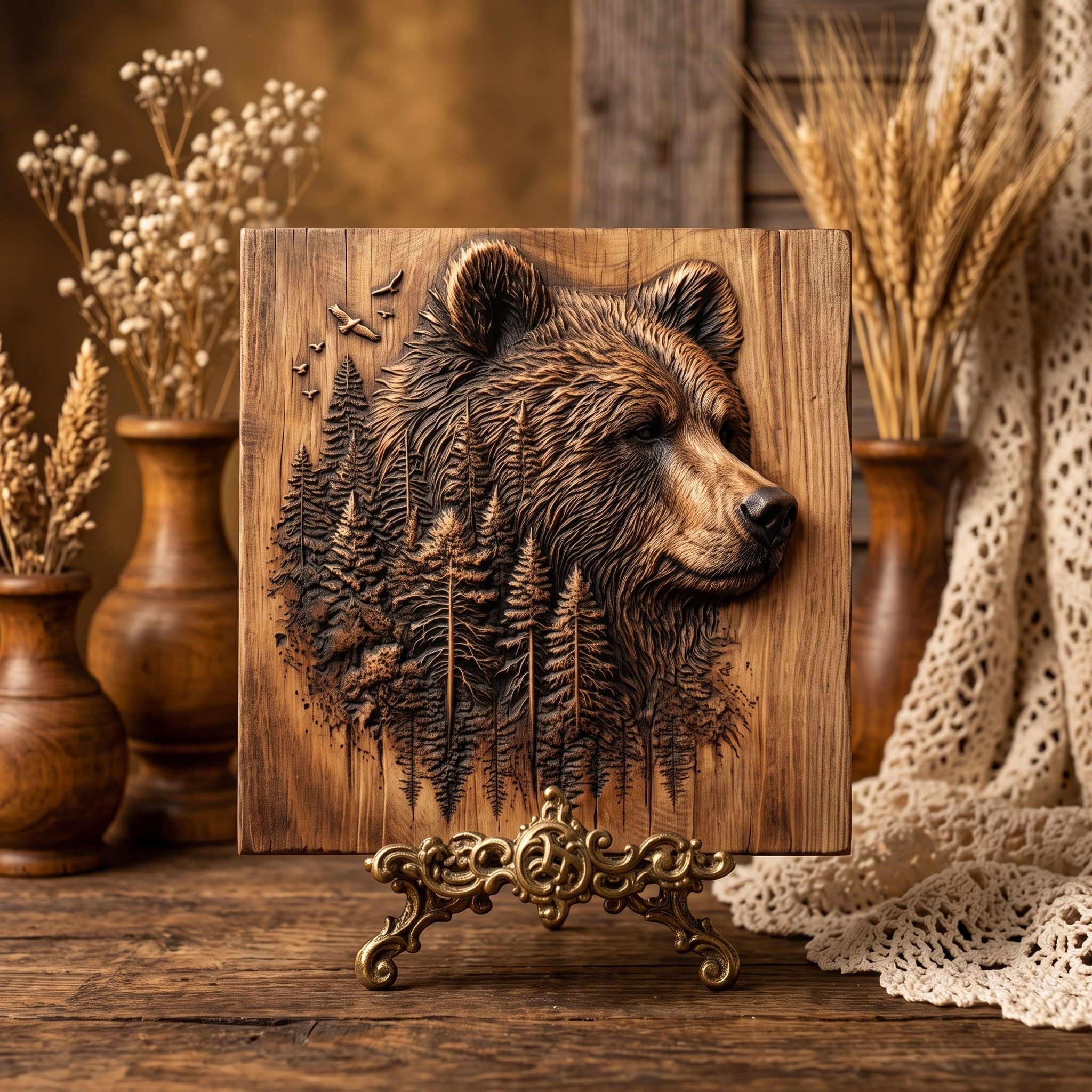 Grizzly Bear and Pine Forest Bas-Relief STL Wall Art bas-relief STL — view 3