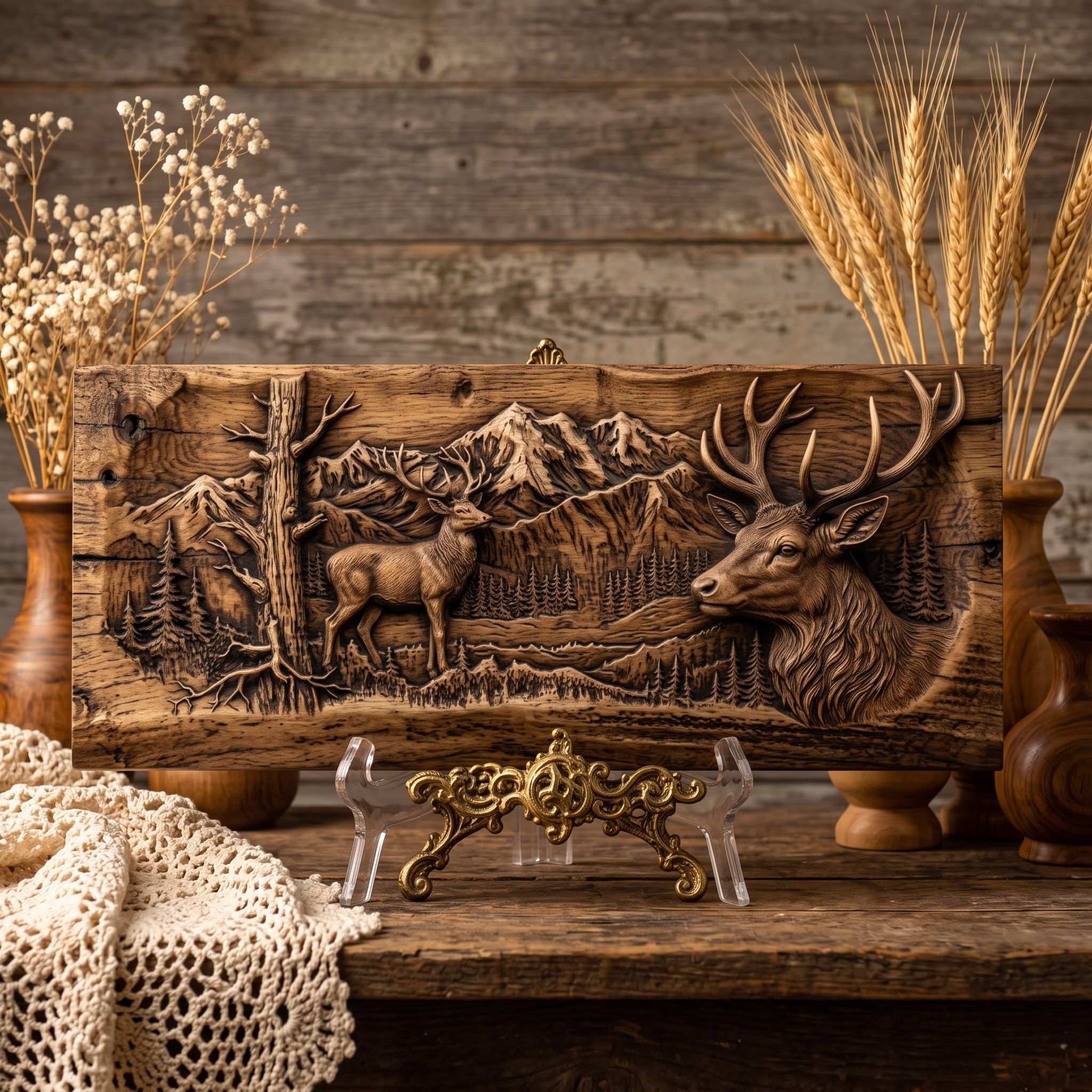 Mountain Buck and Stag Portrait Wilderness Bas-Relief STL bas-relief STL — view 3