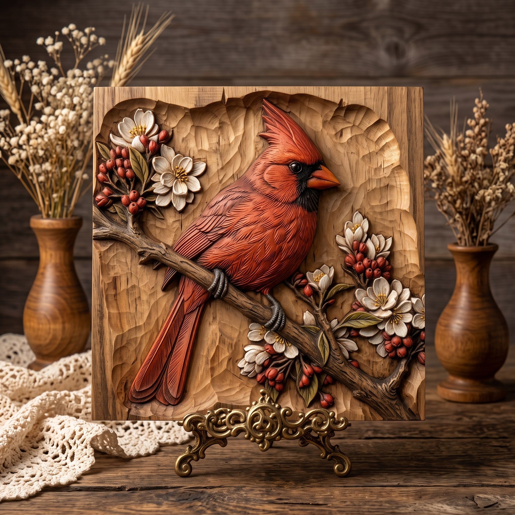 Northern Cardinal on a Blossom Branch Bas-Relief STL bas-relief STL — view 3
