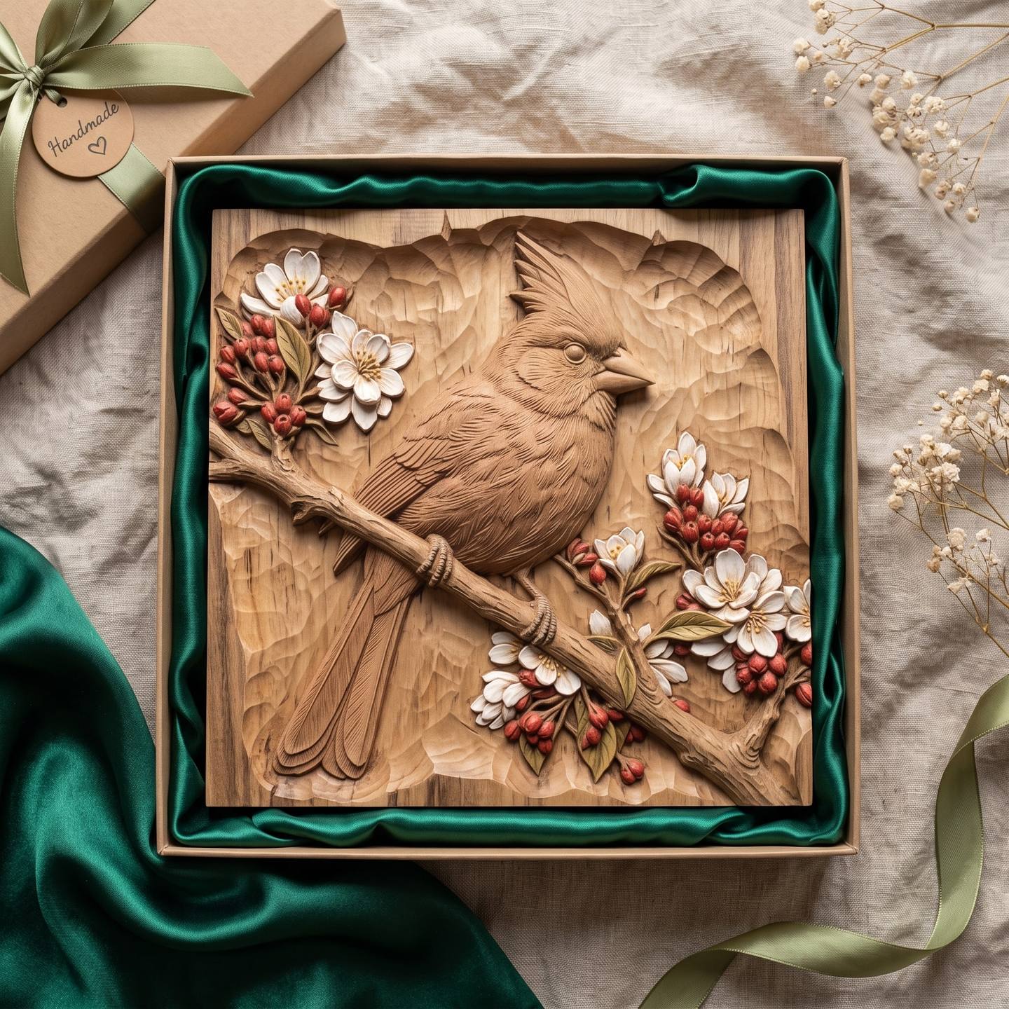 Northern Cardinal on a Blossom Branch Bas-Relief STL carved in wood