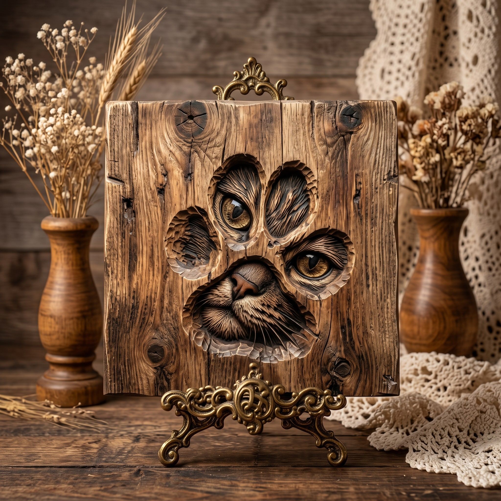 Hidden Cat Face Paw Print Bas-Relief STL Carving bas-relief STL — view 3