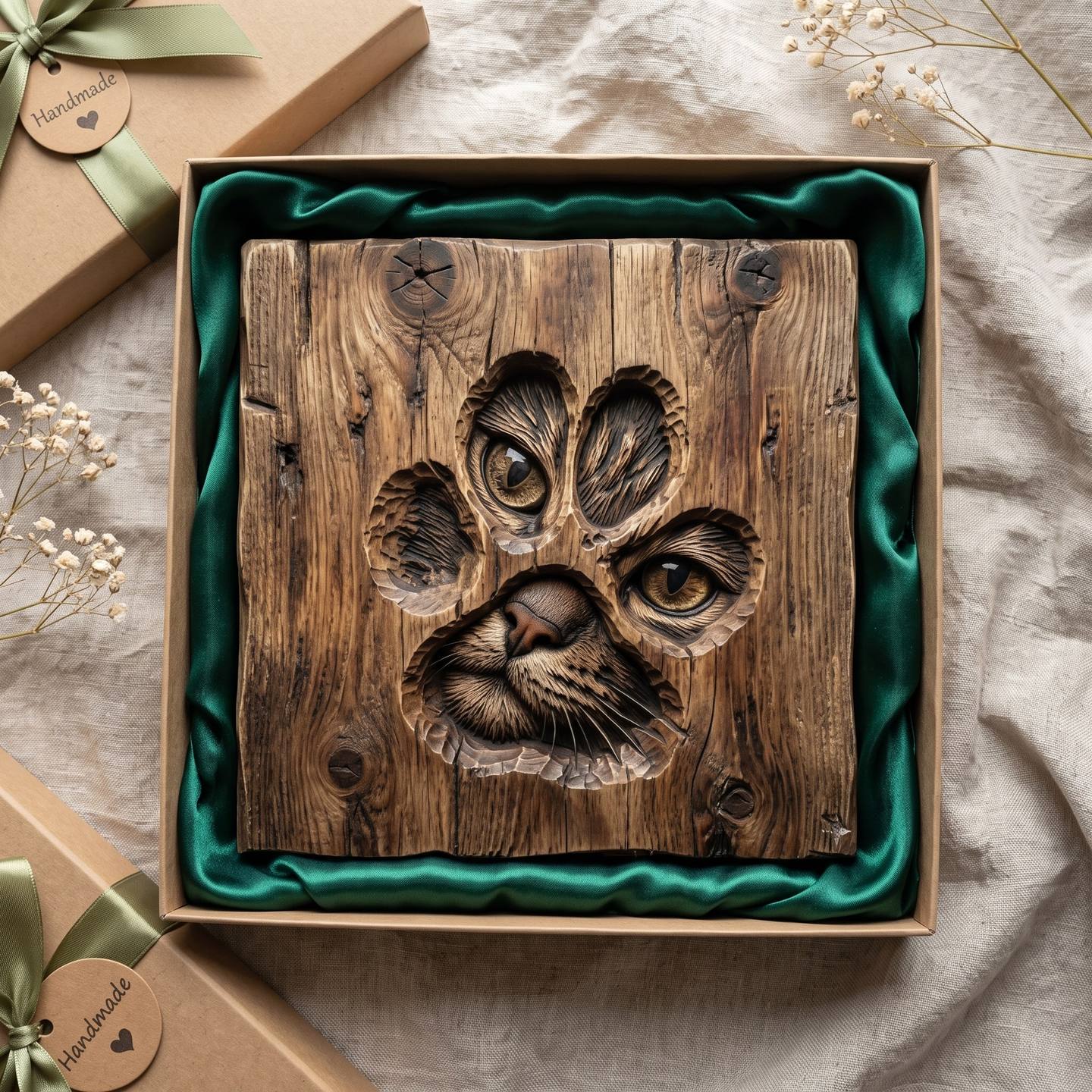 Hidden Cat Face Paw Print Bas-Relief STL Carving carved in wood