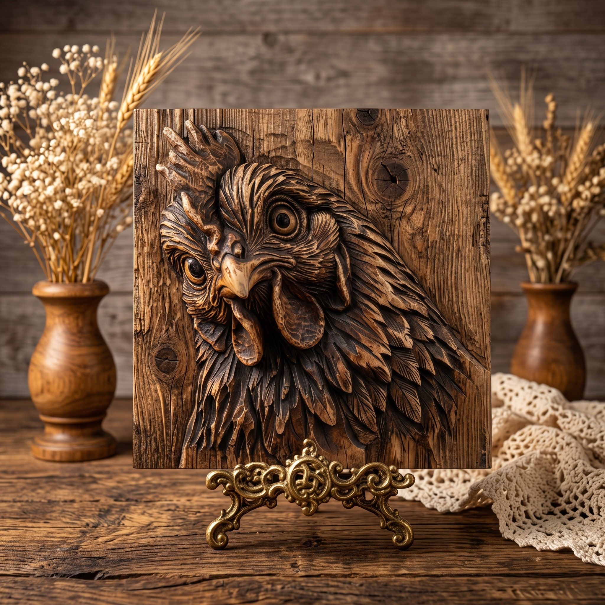 Hen Head Bas-Relief STL, Layered Feather Chicken Carving bas-relief STL — view 3