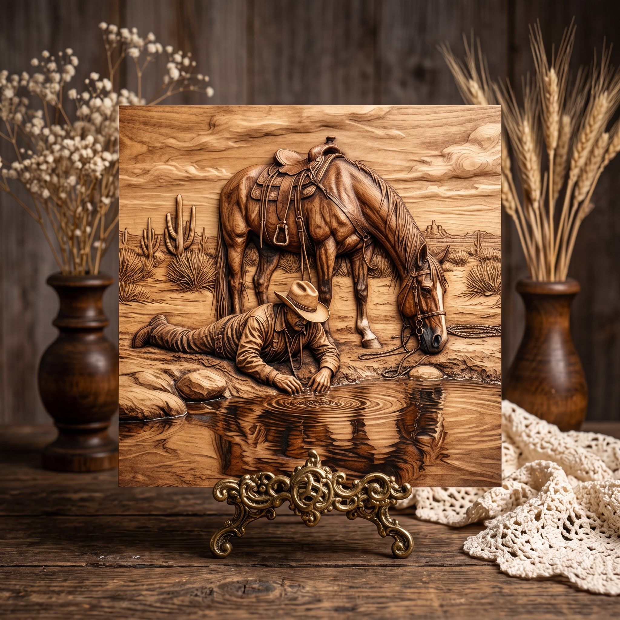 Cowboy Drinking at the Desert Water Hole Relief STL bas-relief STL — view 3